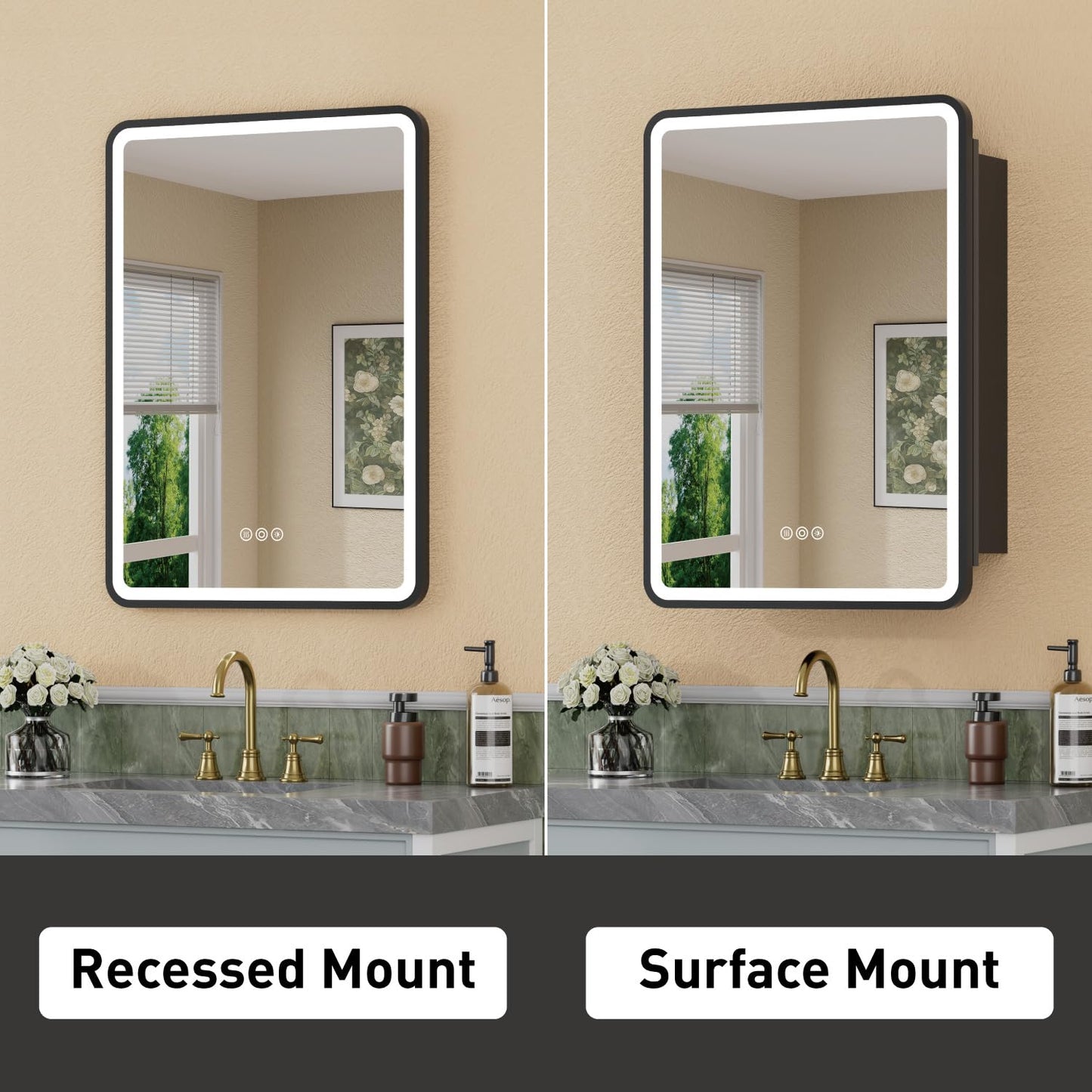 HBEZON 20 x 28 Inch Recessed Medicine Cabinet Mirror with Lights, Wall Mounted LED Bathroom Mirror Cabinet, Dimmable, Anti-Fog, Memory Function, 3 Color Modes, Adjustable Shelf, ETL Certified, Black