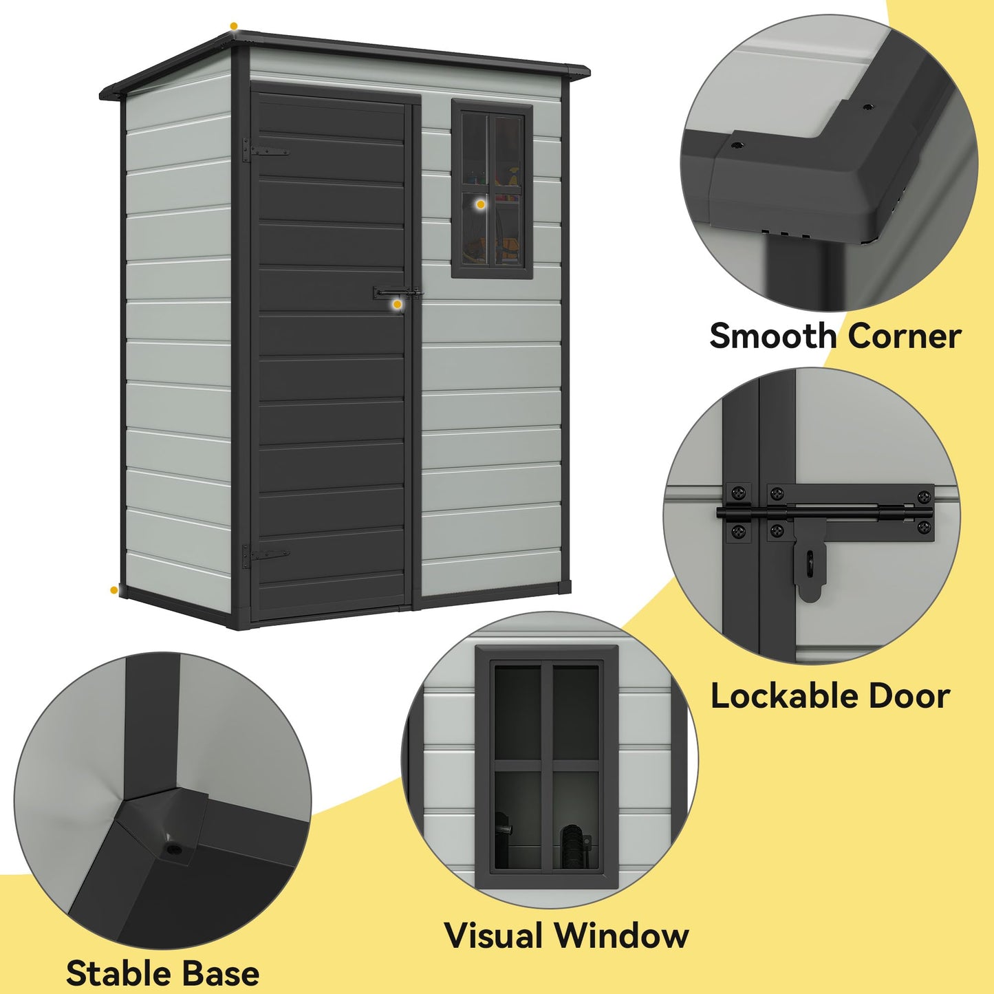 DWVO 5x3ft Resin Outdoor Storage Shed with Floor, Waterproof Lockable Storage Shed with Window, Plastic Outside Tool Storage for Garden, Backyard, Patio, Lawn,Blue-Gray+Black