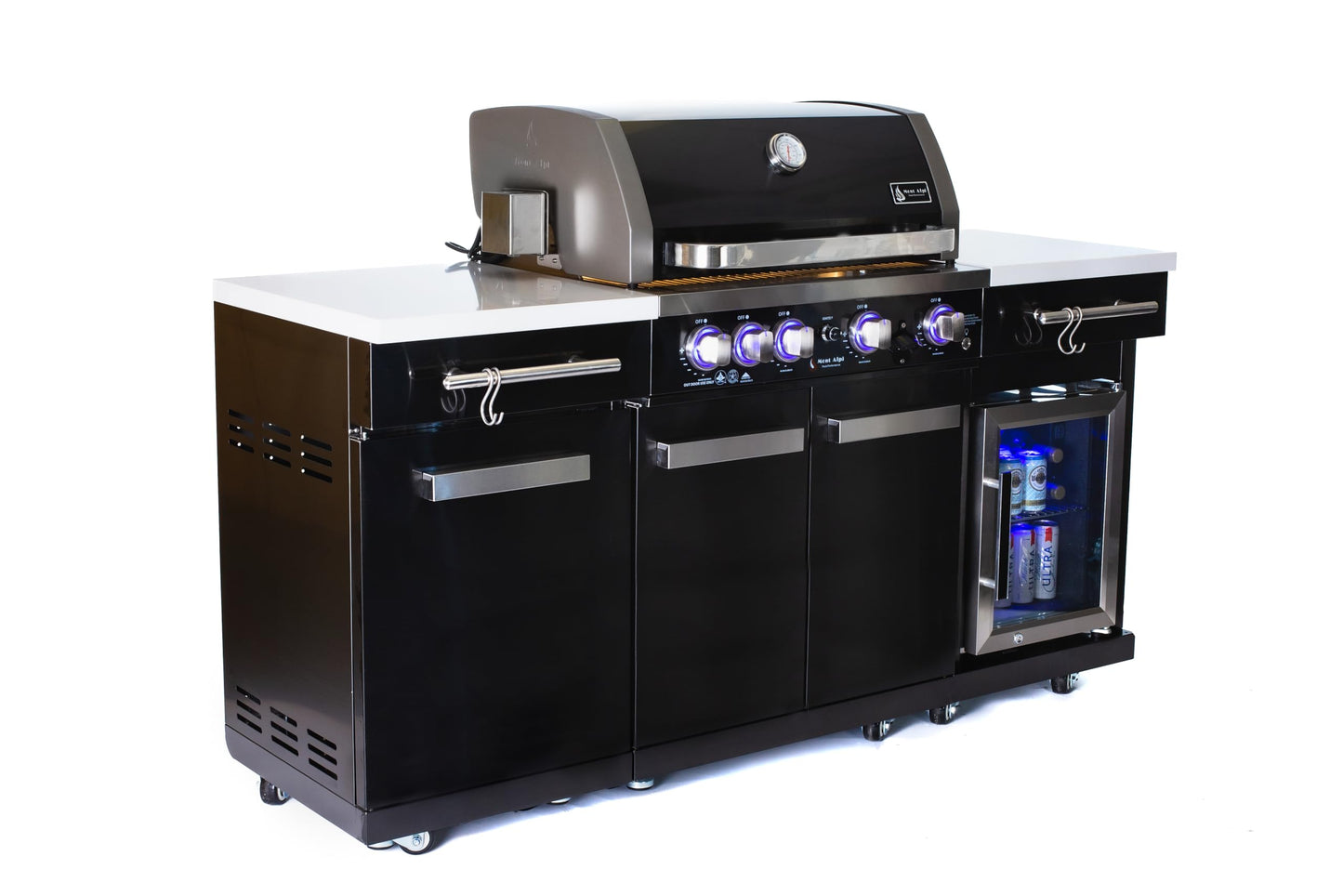 Mont Alpi Premium 70"W x 24"D x 46"H Black Stainless Steel Compact Outdoor Kitchen Island with Refrigerator + 32"W 4-Burner BBQ Grill + Rotisserie Rear Burner + Storage Cabinets + Granite Countertops