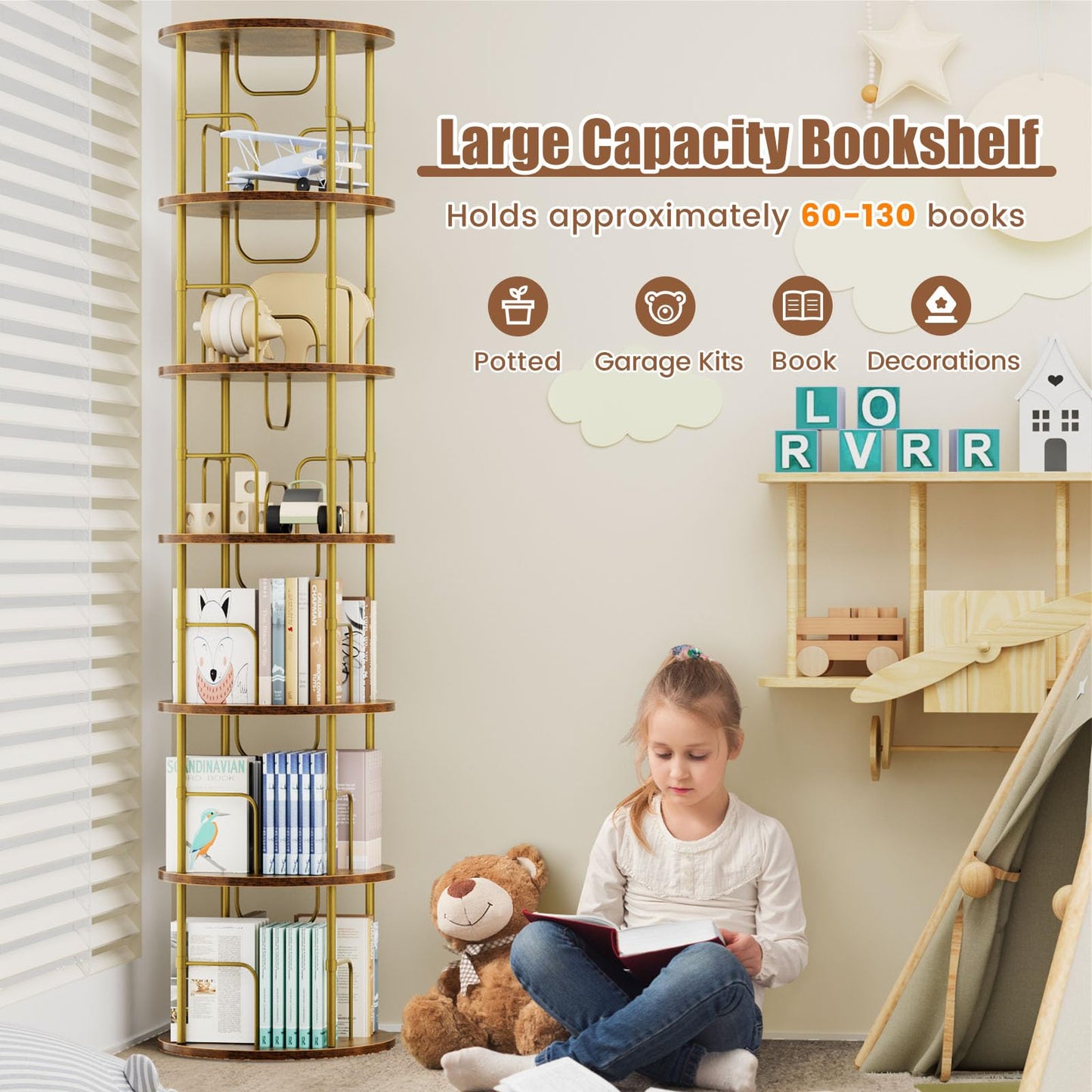 ALLSTAND 6 Tier Rotating Bookshelf, 360 ° Display Stackable Spinning Bookshelf Tower, Corner Bookshelf Tall Floor Standing Swivel Bookcase Narrow Storage Organizer for Bedroom, Living Room, Gold