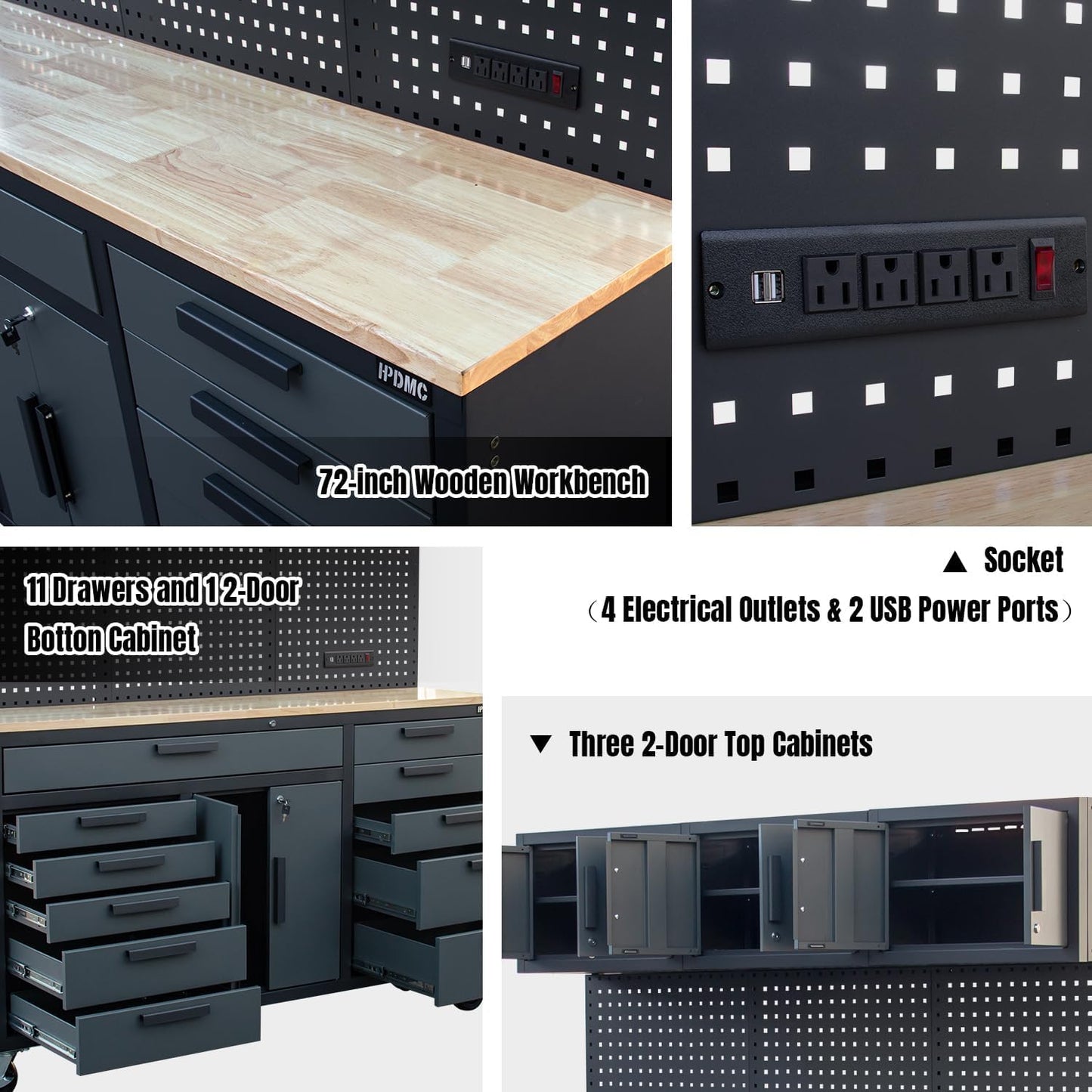 Tsnritor 72in Rolling Tool Chest Cabinet Mobile Garage Workbench Heavy-Duty Tool Cabinet on Wheels with 11 Drawers, 2-Door Cabinet, 3 Top Cabinet, Pegboard & Power Strip for Tool Organization
