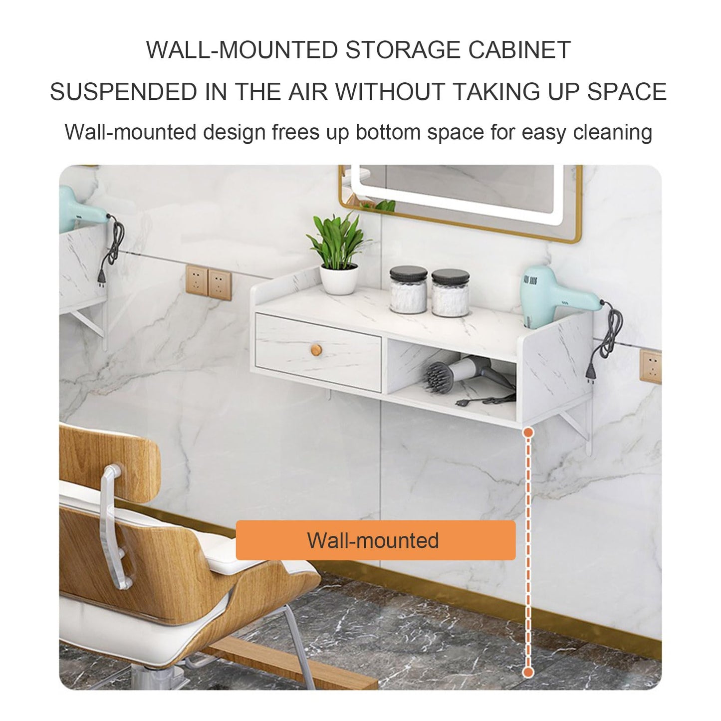 Wall Mount Salon Station - Beauty Salon Equipment with Drawer, Barber Table with Open Shelving, Stylist Storage Cabinet and Hair Dryer Holes for Hair Products
