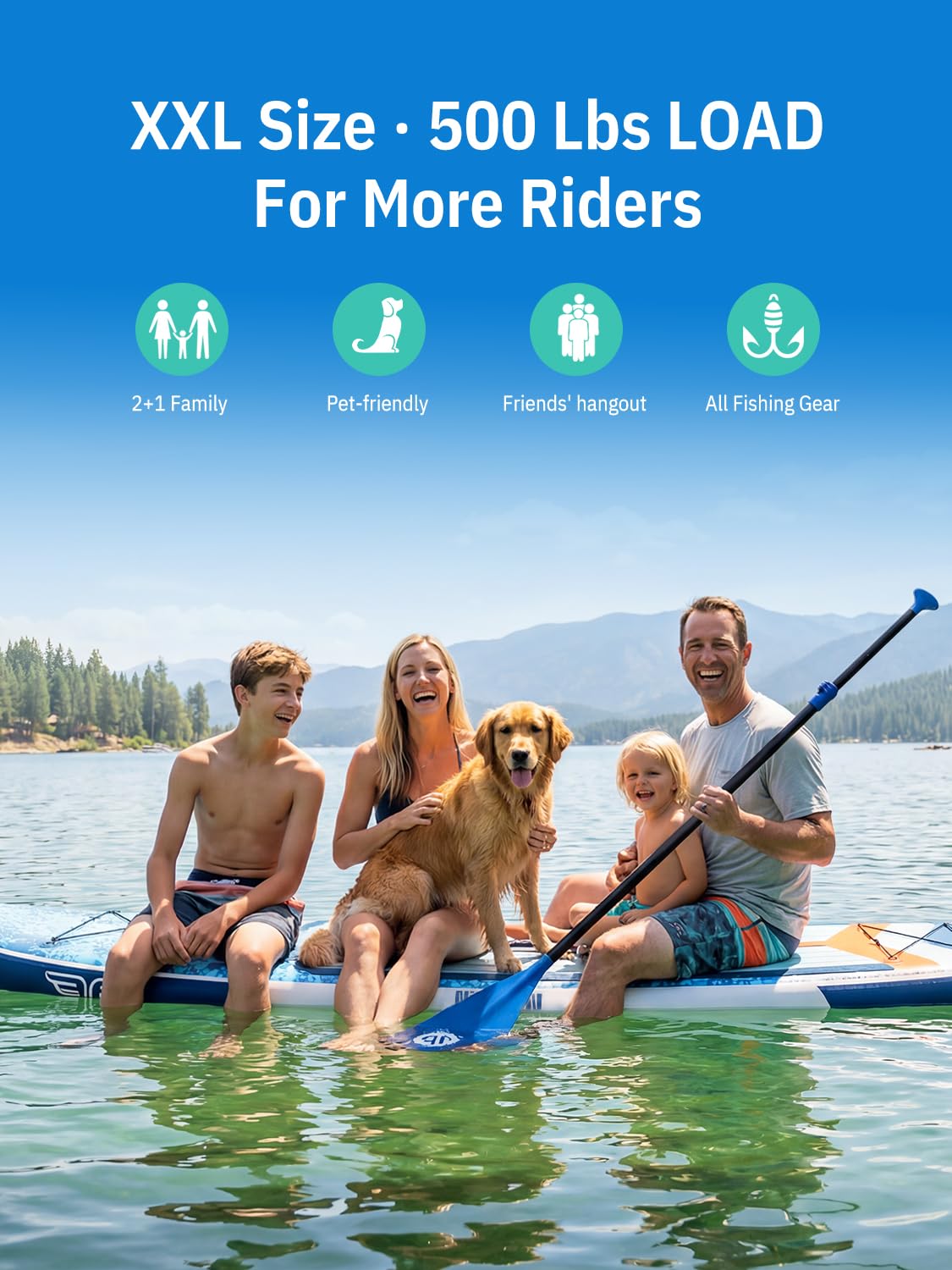 Niphean (Extra Large) Inflatable Paddle Board, SUP for 2+1 People/Family 500lbs Capacity Stand Up Paddle Board with SUP Accessories, StabilTrac Fin Non-Slip Paddleboard for Adults-Blue
