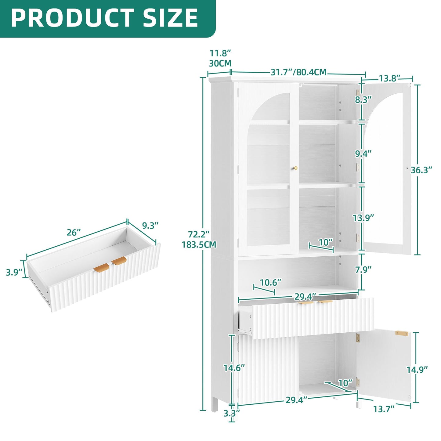 YITAHOME 72" Tall Fluted Bookshelf with LED Lights, White Bookcase with Drawers, Arched Glass Doors, 6-Tier Bookcase for Living Room, Office and Study