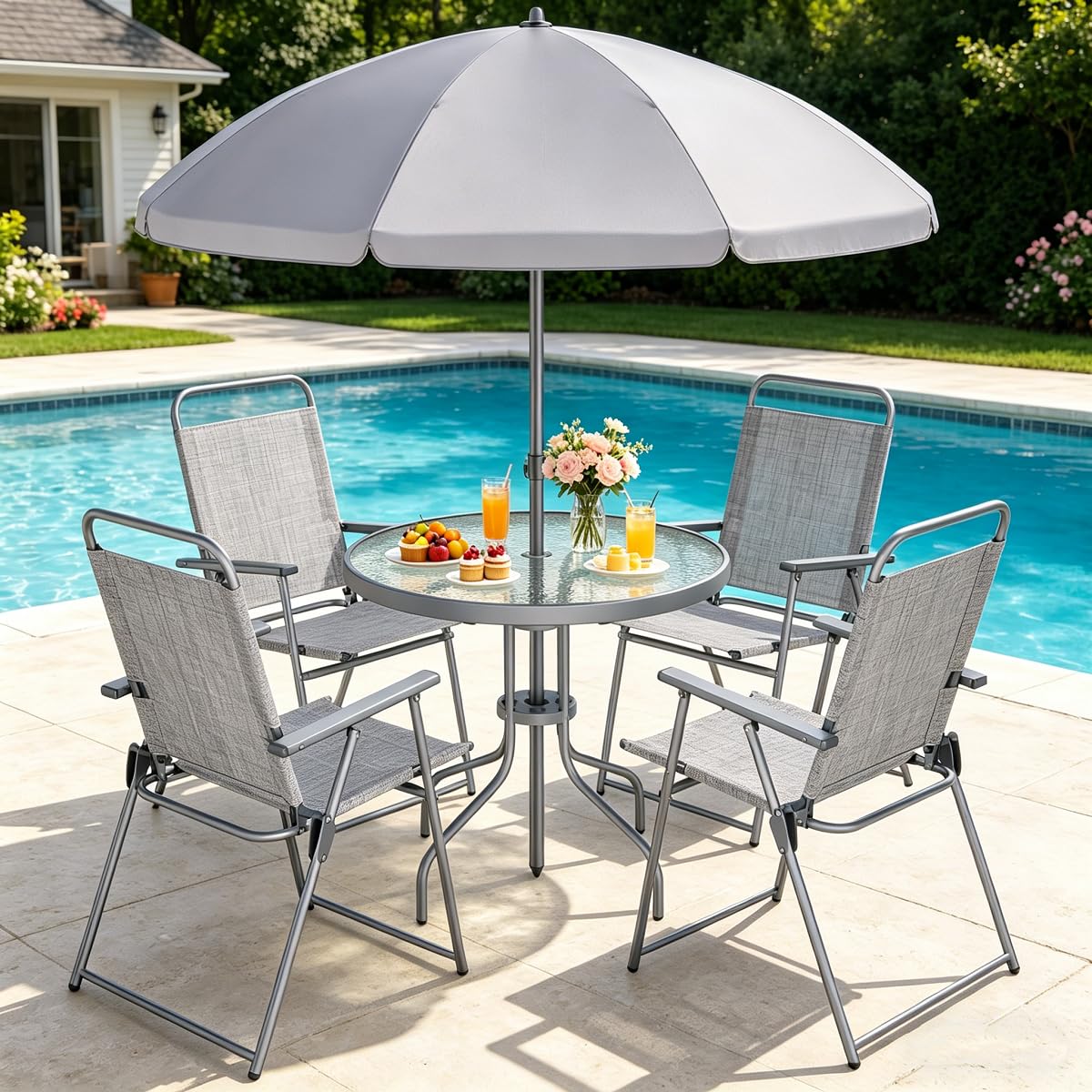 Shintenchi 6 Piece Outdoor Patio Furniture Set, Small Outdoor Patio Dining Table and Chairs Set, Outdoor Seating with Umbrella for Backyard, Balcony, Front Porch, Ice Silver