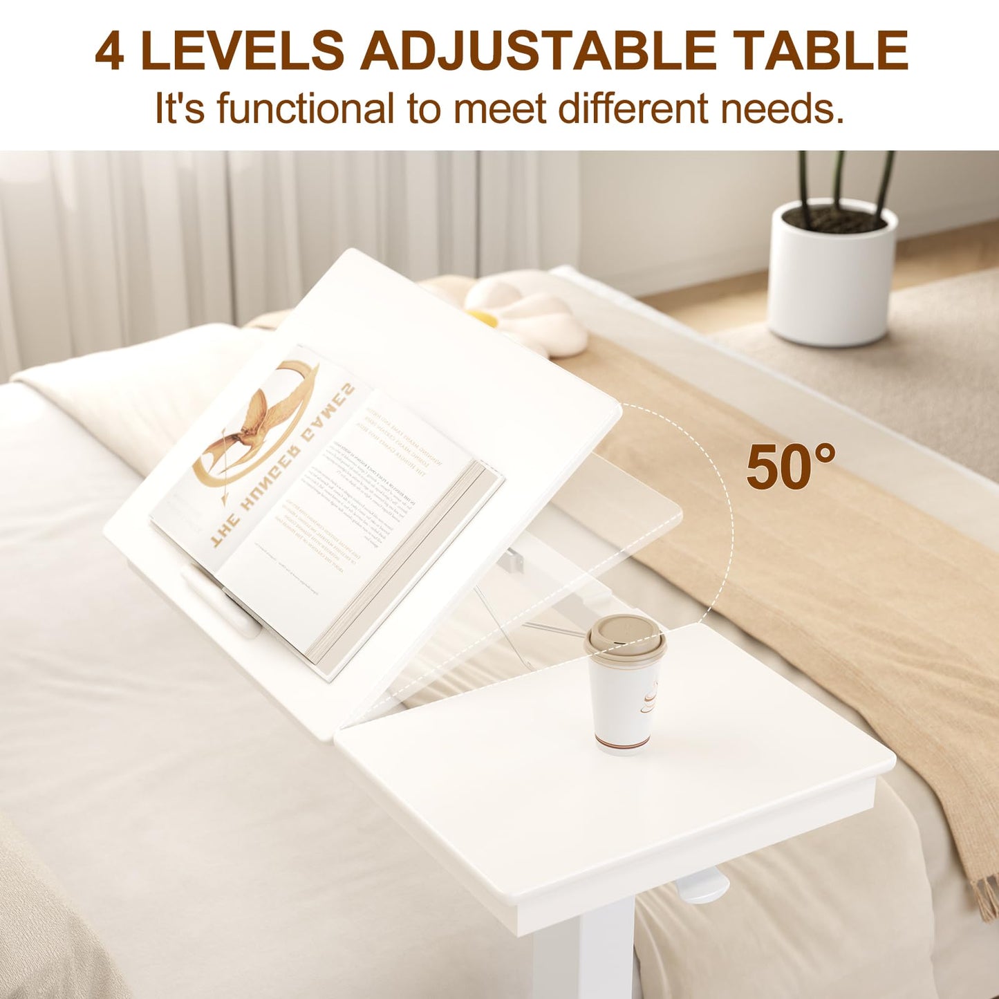Muwuele Solid Wood Overbed Bedside Table with Wheels, Adjustable Medical Tilt Top Hospital Bed Table Over The Bed, Rolling Laptop Desk, Mobile Standing Desk for Hospital and Home Use (White)
