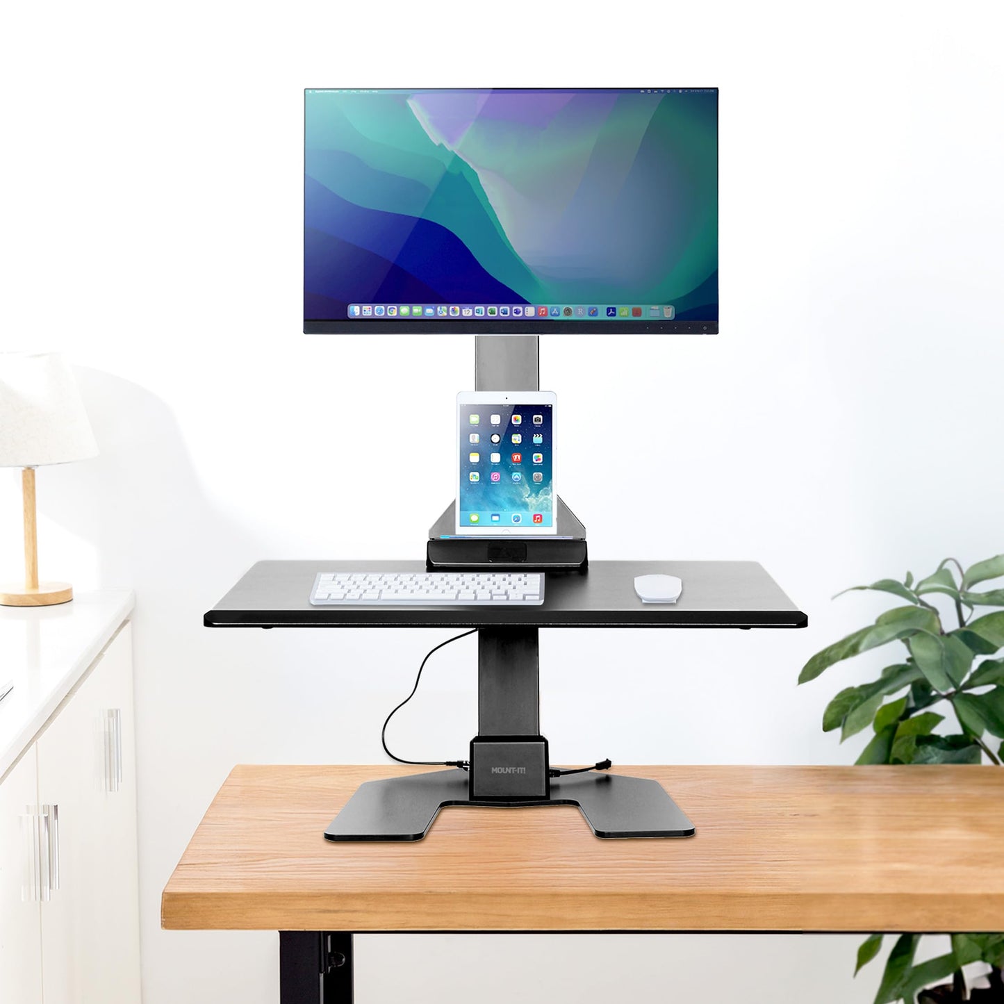 Mount-It! Electric Standing Desk Converter - Motorized Sit-Stand Desk Riser with Monitor Mount, Standup Powered Desktop Lift for Single Monitor up to 32", 28" Wide Keyboard Tray, Adjustable Height