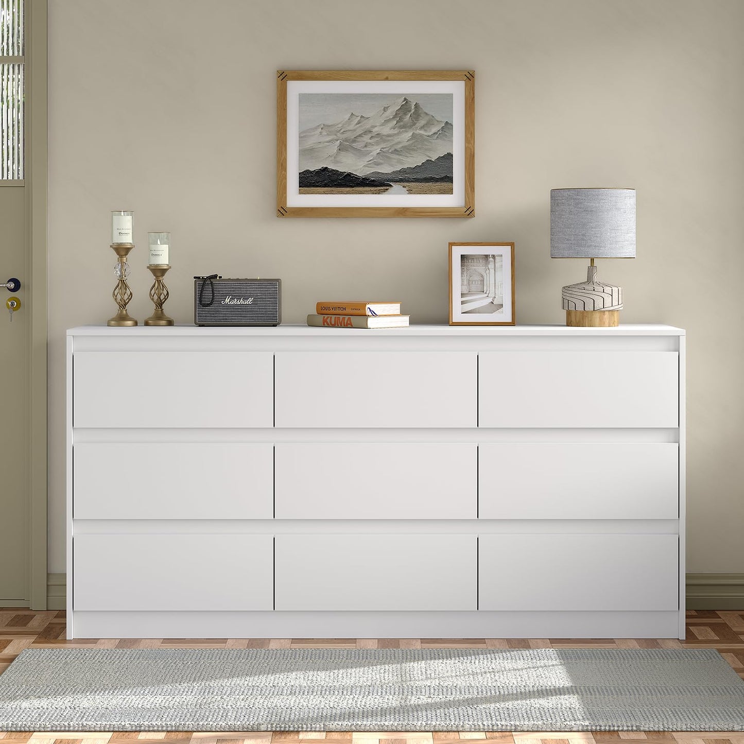 Furniouse Modern 9 Large Storage Drawers Dresser for Clothes Organizer, White Modern Chest of Drawers for Closet, 60" Long Drawer Organizer Cabinet for Bedroom,Living Room,Entryway,Hallway