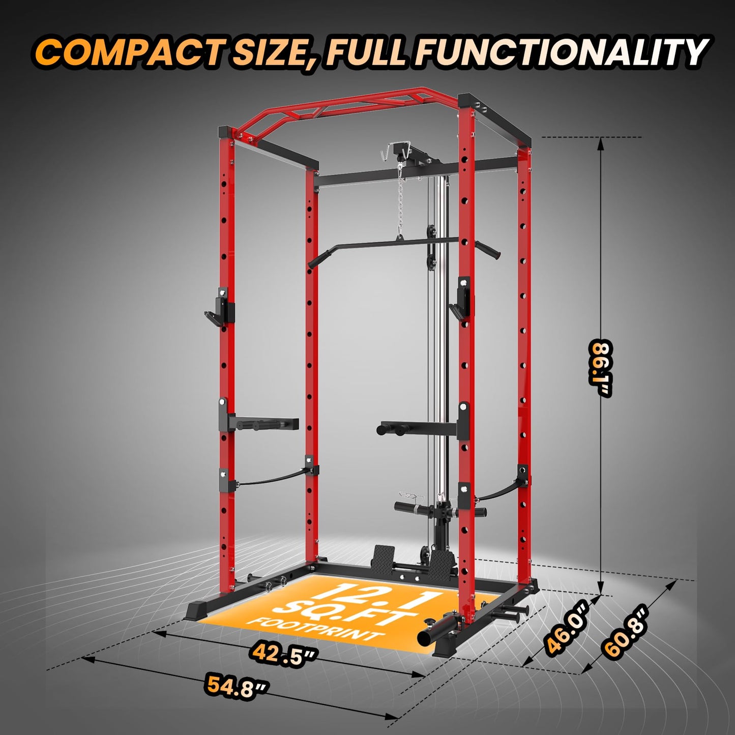Power Cage with LAT Pulldown, Multi-Functional Power Rack with Cable Pulley System and J-Hooks, Squat Rack with Dip Bars and Landmine Attachment, Weight Cage for Home Gym Equipment (Black/Red)