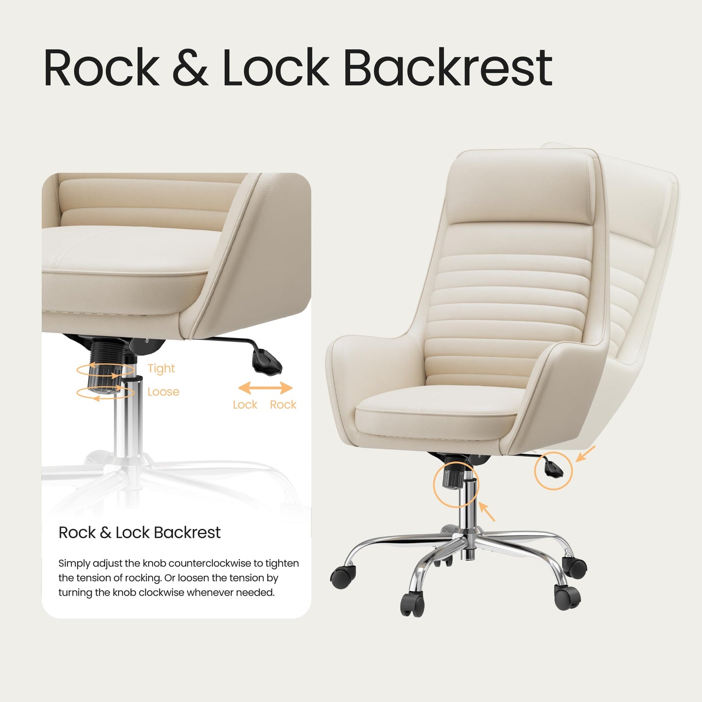 COLAMY Ellis High-Back Home Office Desk Chair, Leather Executive Chair with Integrated Armrests, Beige