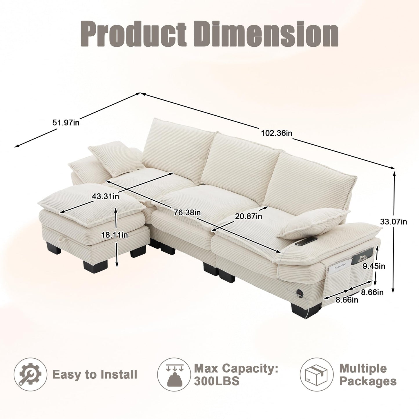 102" Oversized Cloud Modular Sectional Sofa with Movable Ottoman, Free Combination Convertible L Shaped Corner Couch Sets,Comfy Corduroy Upholstered Beige Sofa & Couch for Living Room