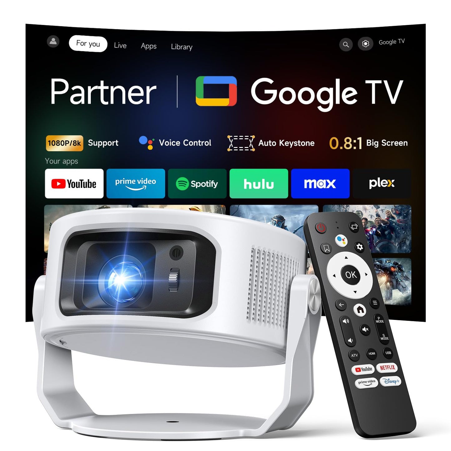 Philoent【Google TV Included】Smart Mini Projector, Ultra Short Throw for Big Screen in Small Room, Auto Keystone Portable Proyector with WiFi Bluetooth, Support 4K Movie – Home Theater Bedroom Outdoor