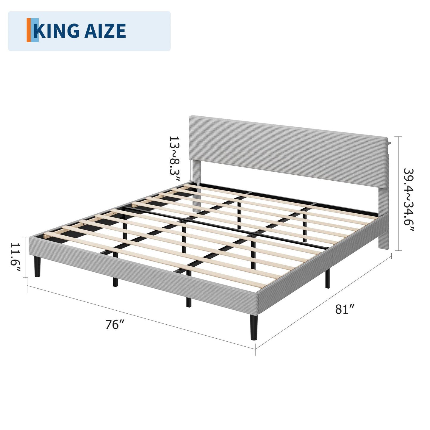 GarveeHome King Size Bed Frame with Adjustable Upholstered Headboard, Platform Bed Frame with Storage Shelf and Charging Station, Strong Wood Slats, No Box Spring Needed, Noise-Free, Light Gray