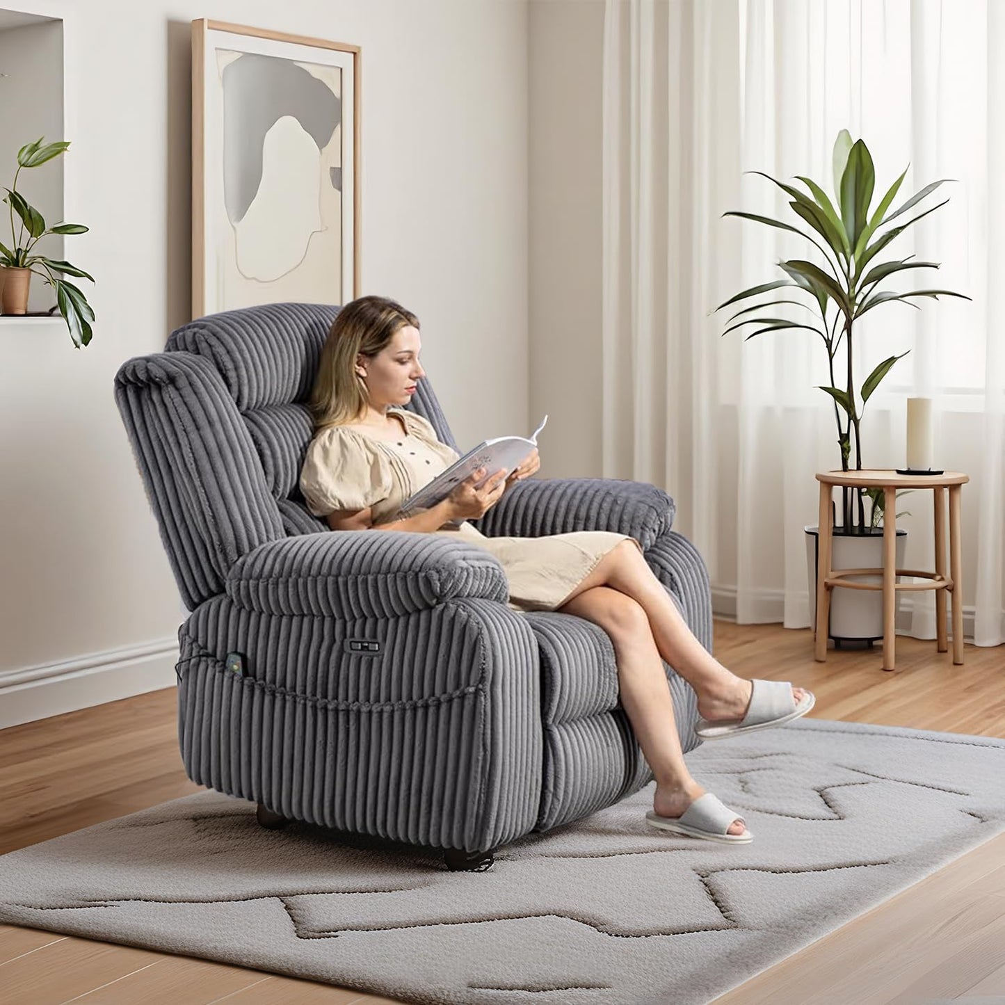 ERYE Oversized Glider Rocker Chair 270° Swivel & Power Reclining Chair W/Vibration Heat and USB-C Ports,Power Recliner Armchair Corduroy Upholstered Nursery Armchair