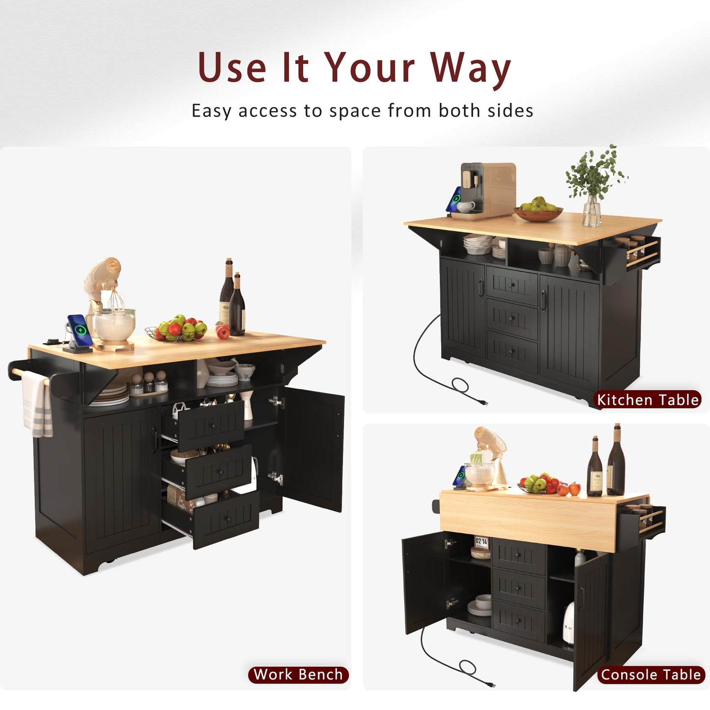 Merax 55.7" Upgraded Large Kitchen Cart Island on Wheels with 2 Drop Leaf,Power Outlet,3 Drawers,Wood Frame Storage Cabinet