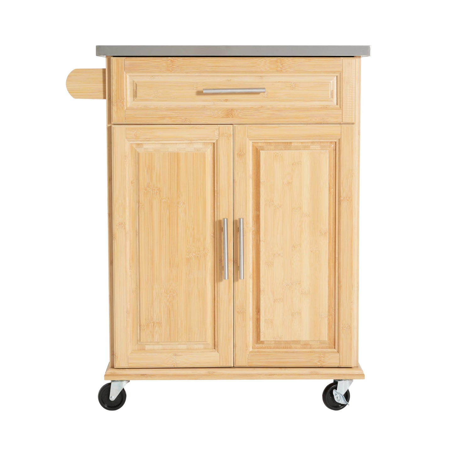Merax Indoor Compact Bamboo Rolling Kitchen Cart with Stainless Steel Top – Mobile Storage Island with Drawer & Cabinet for Small Spaces