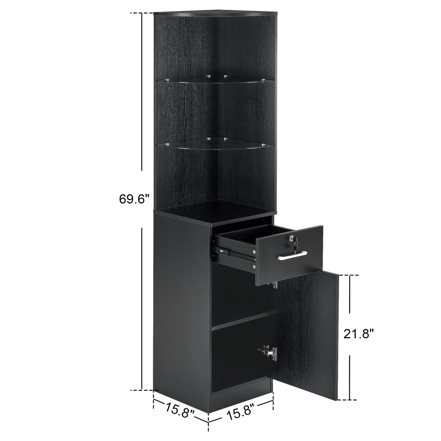 BarberPub Corner Salon Storage Cabinet with Door and Glass Shelves, Beauty Barber Equipment for Storage, 15.8" W x 69.9" H x 15.8" D 3200 (Black)