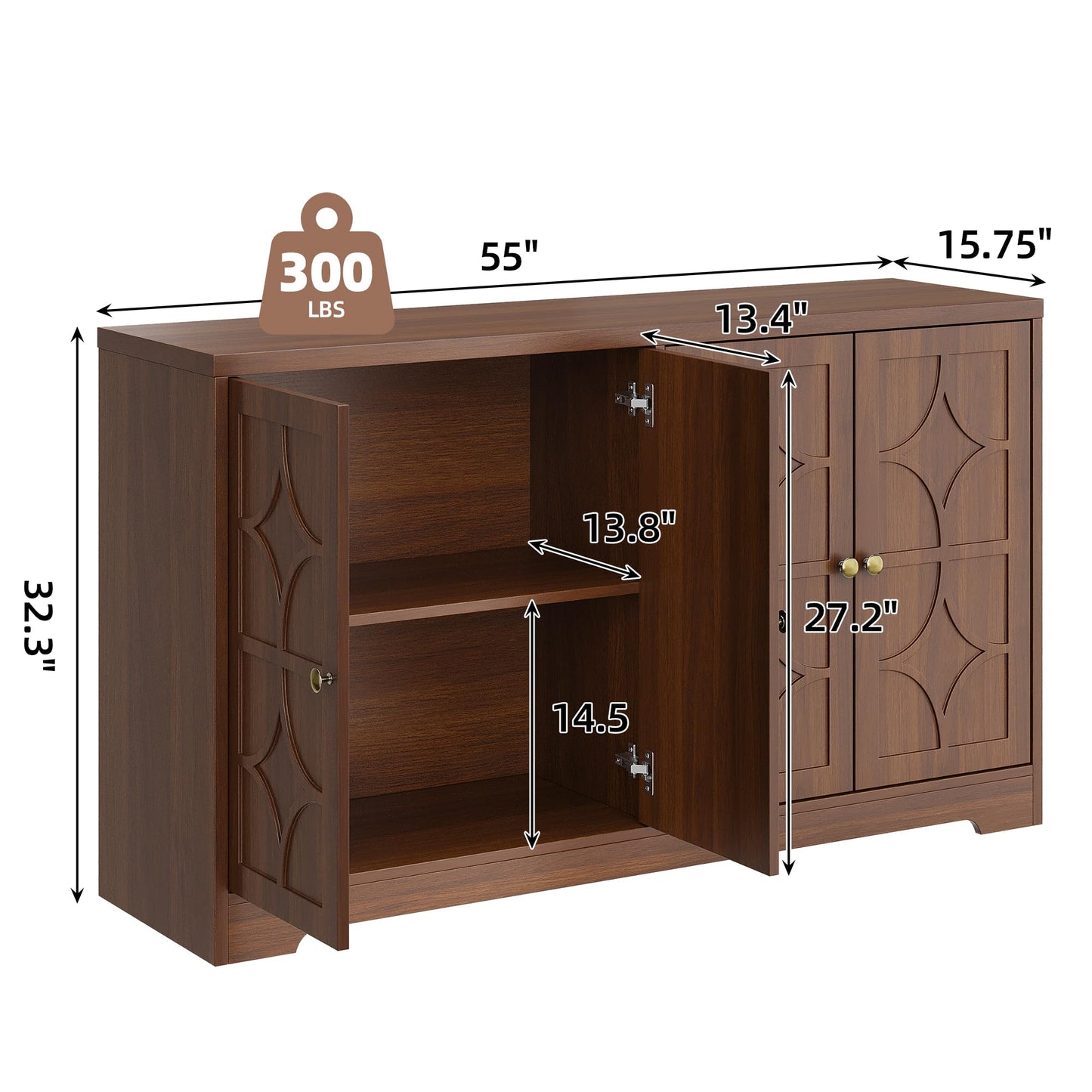 55" Buffet Cabinet with Storage, Sideboard Cabinet with 4 Doors, Wood Coffee Bar Cabinet with Adjustable Shelves, Farmhouse Sideboard Buffet, for Kitchen, Living Room, Entryway, Dining Room (Brown)