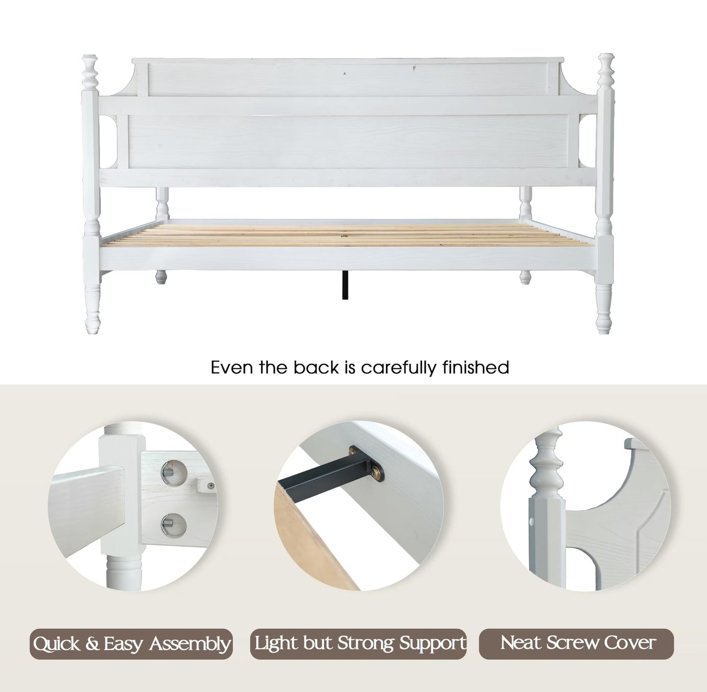 Solid Wood King Size Platform Bed Frame, A Headboard & Footboard, Under Bed Storage, 12 Strong Slats with Center Metal Legs, Anti-Noise & Slip-Free, No Box Spring Needed, Pure White Finish, ROK-39