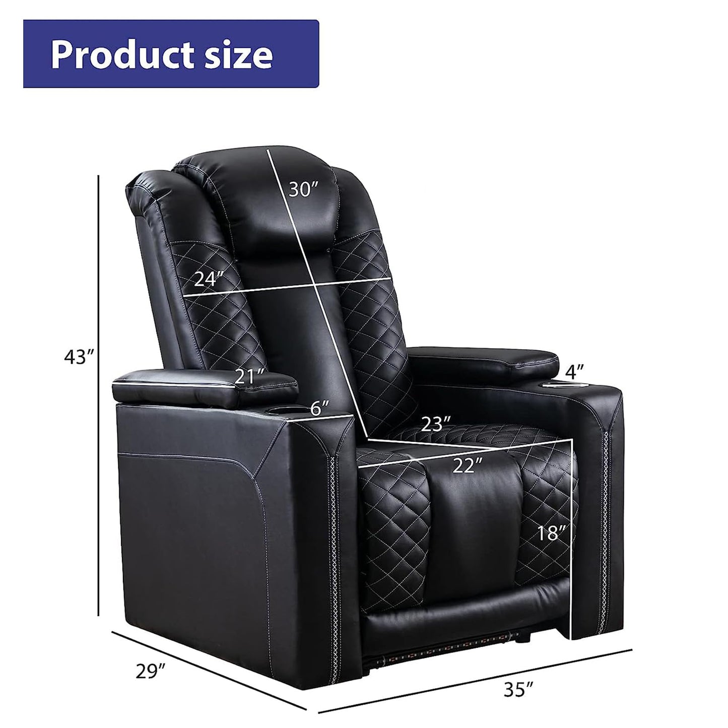 CANMOV Electric Power Recliner Chairs with USB Ports and Cup Holders, Breathable Faux Leather Home Theater Seating Recliner with Hidden Arm Storage, Ambient Lighting, Black