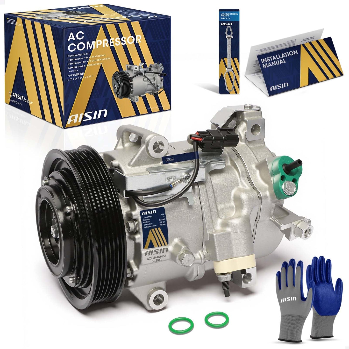 AISIN AFTERMARKET ACCH-00454 Air Conditioner AC Compressor - Compatible with Honda Odyssey 2018-2024 3.5L - with 6-Pulley Groove, with Clutch