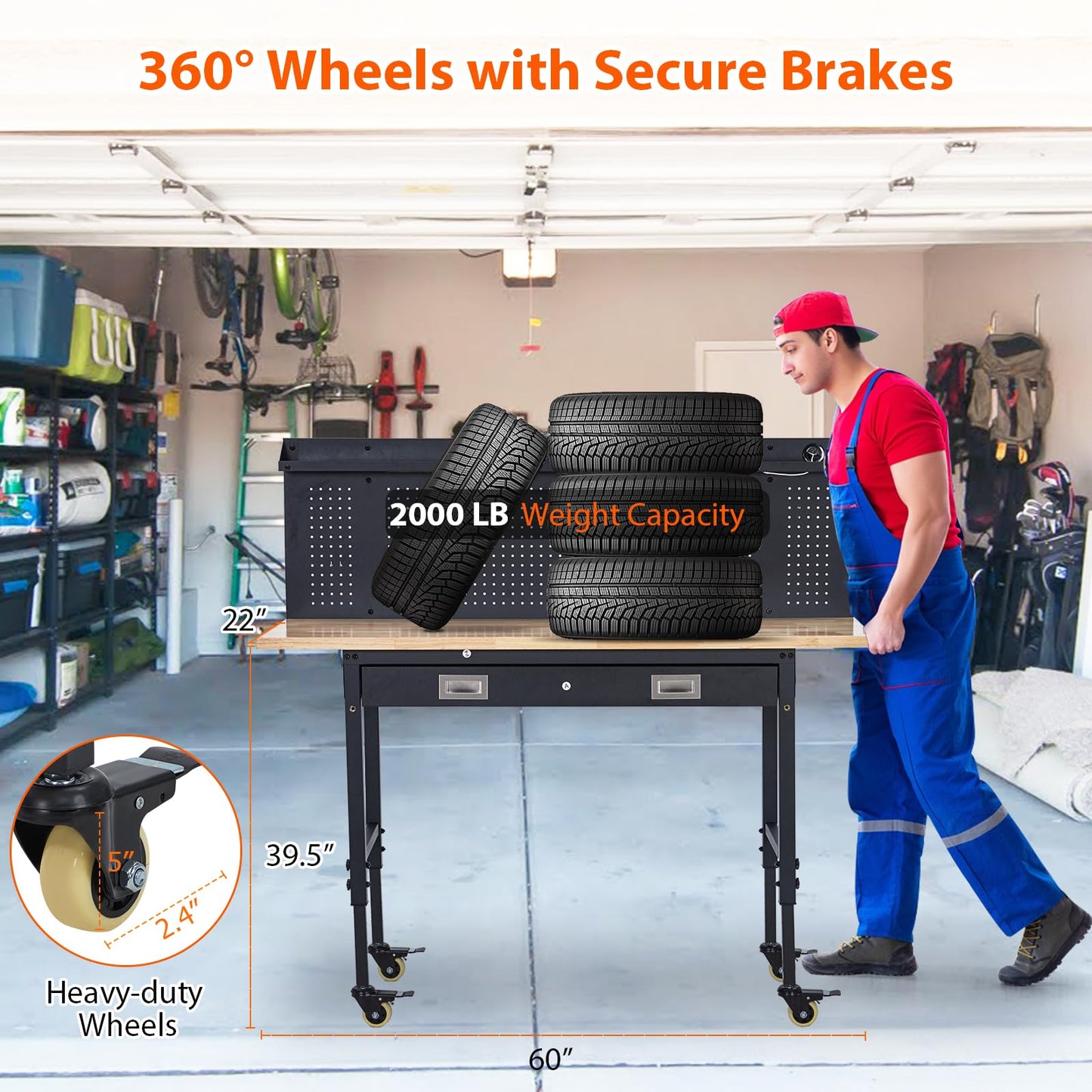 GarveeTech 60 in Heavy-Duty Adjustable Workbench with 2 Drawers & Pegboard - 2000 LBS Capacity, 4 Rolling Wheels, Rubber Wood Tabletop for Garage, Workshop, Home Office, Black