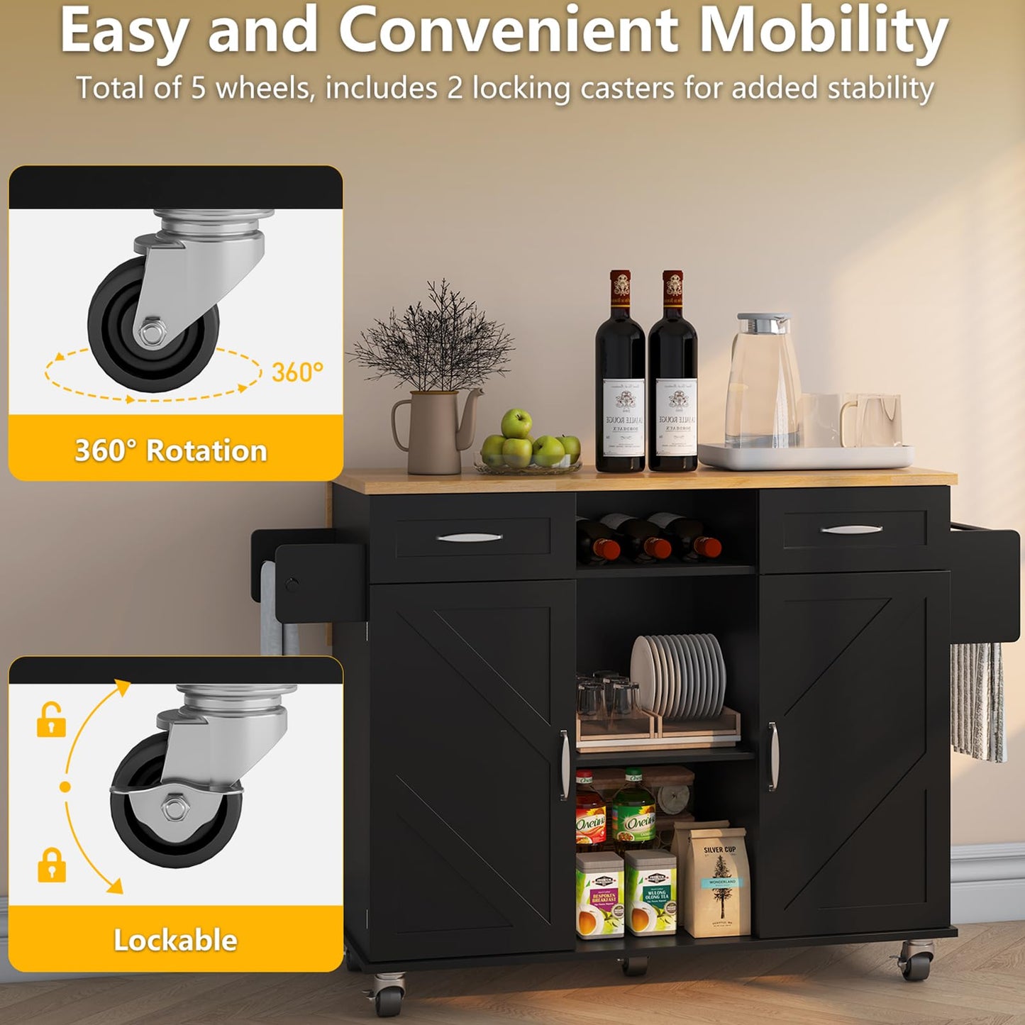knoworld 51.5'' Rolling Kitchen Island with Storage Cabinet & Drawers, Drop Leaf Kitchen Cart on Wheels, Farmhouse Portable Mobile Islands, Large Butcher Block Table with Tower/Spice Rack, Black