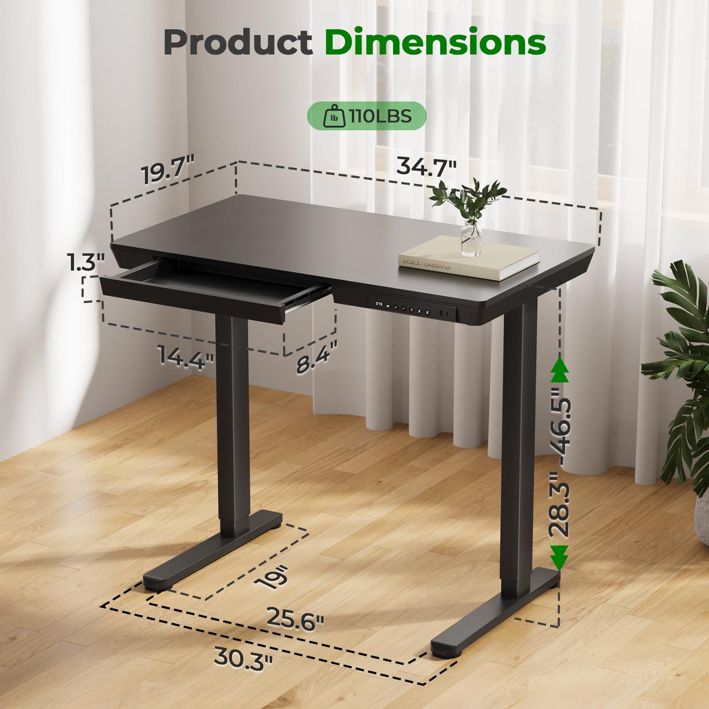 JYLH JOYSEEKER Electric Standing Desk with Drawer, 35" x 20" Whole Piece Tabletop Small Sit Stand Table, Height Adjustable Desk with Storage & USB Ports, Quick Install Home Office Computer Desk, Black