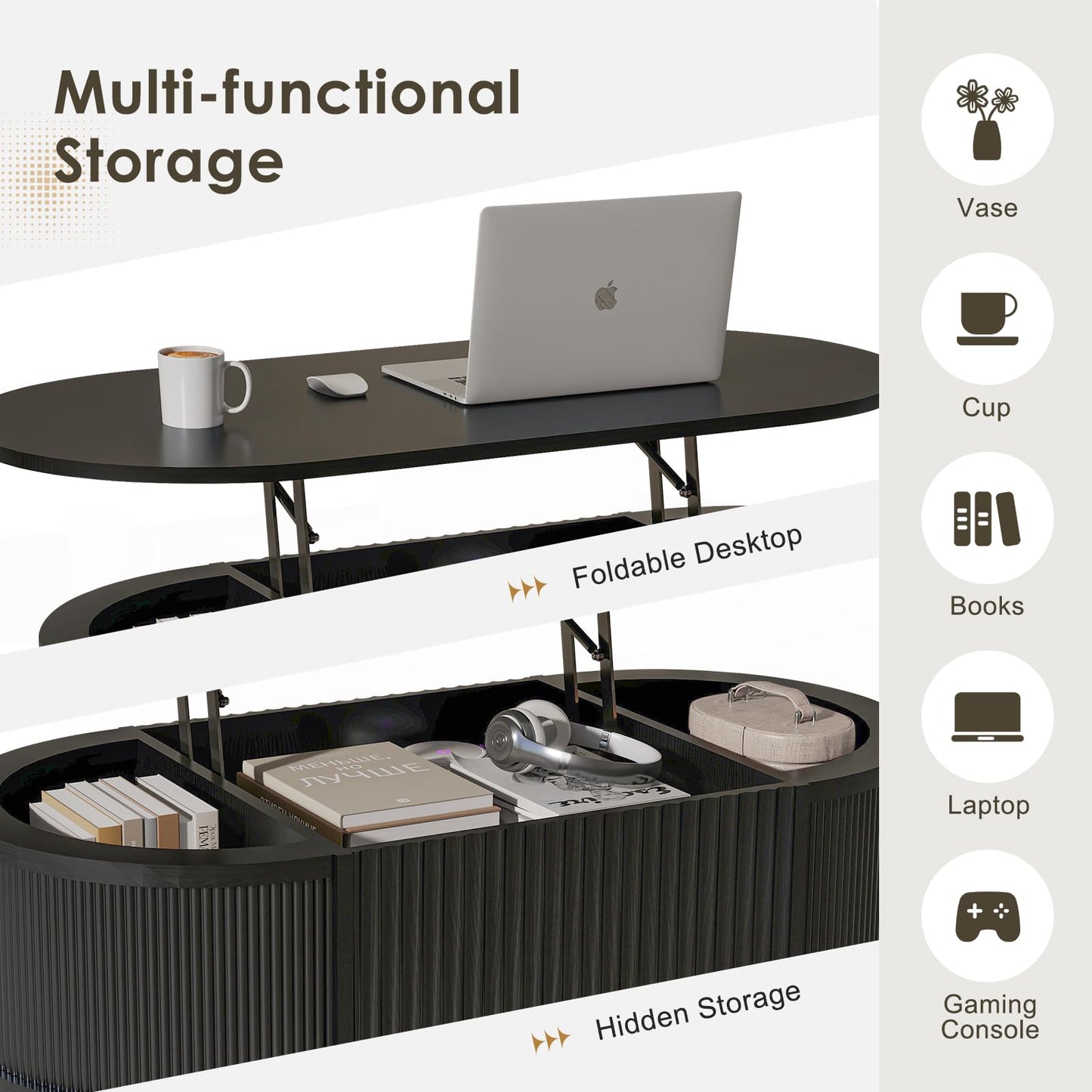 LYNCOHOME Fluted Lift Top Coffee Table with Storage,Modern Oval Coffee Table for Living Room or Home Office(Black)