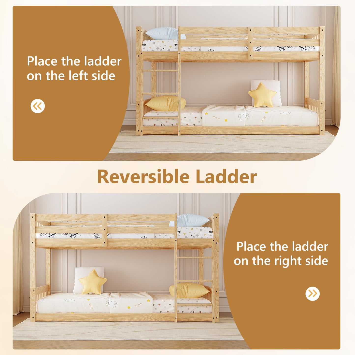 JOYMOR Low Twin Over Twin Bunk Bed for Kids/Junior, Wood Twin Bunk Bed Frame with Guardrails & Ladder for Boys Girls, Mattress Not Included