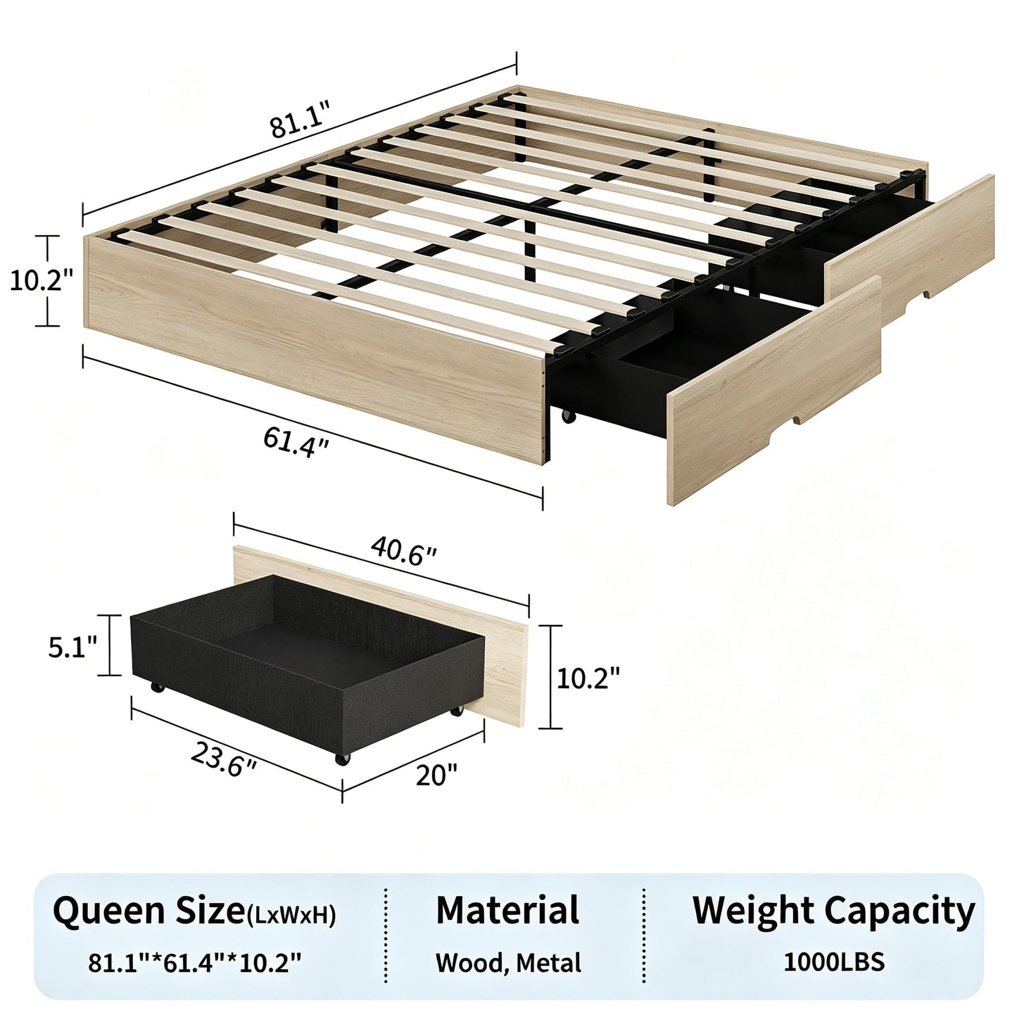 IDEALHOUSE Queen Bed Frame with 2 Storage Drawers, Wooden Bed Frame Without Headboard, Minimalist Floor Platform Bed, Wood Slat Support, Noise Free, No Box Spring Needed, Easy Assembly