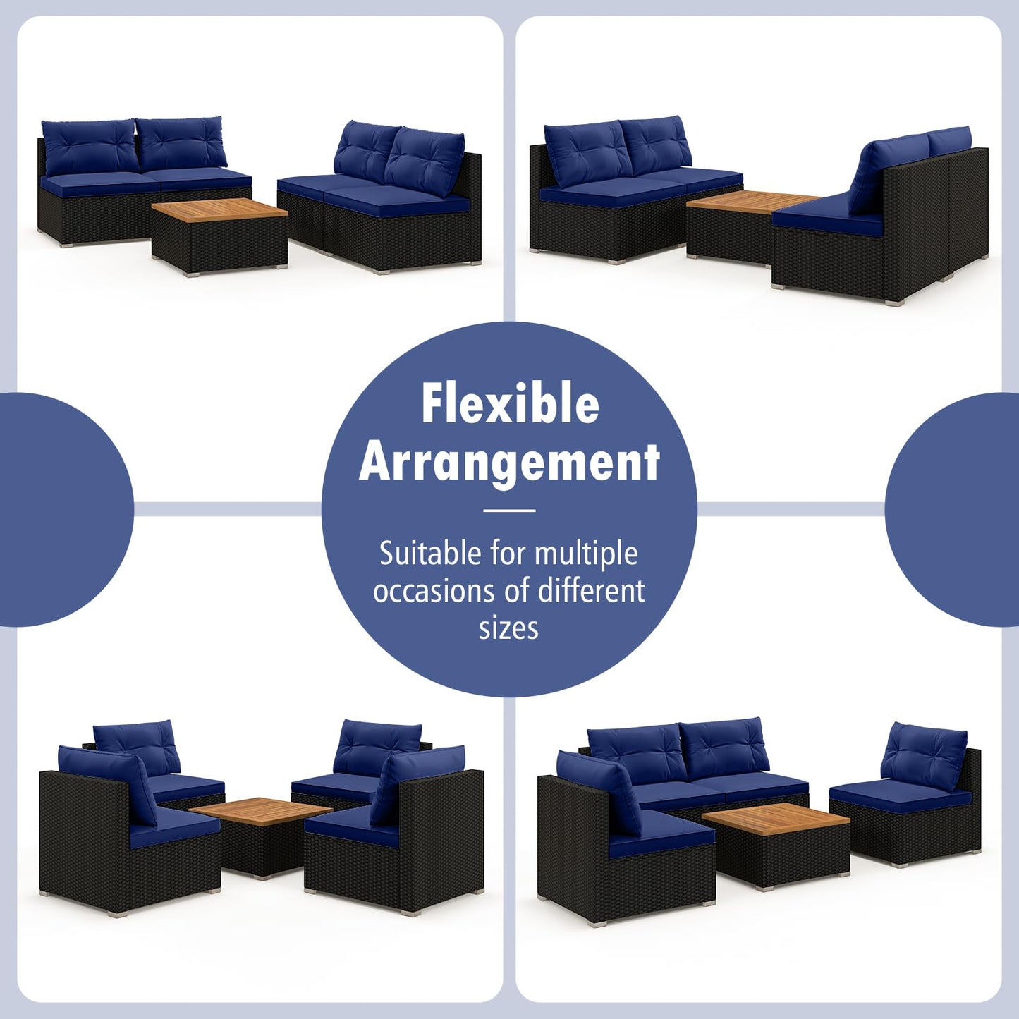 Tangkula 5 Pieces Wicker Patio Furniture Set, Outdoor 4 Armless Rattan Sofa & Coffee Table Set, with Cushions, Acacia Wood Tabletop, Sectional Patio Conversation Set for Lawn, Yard, Poolside, Navy