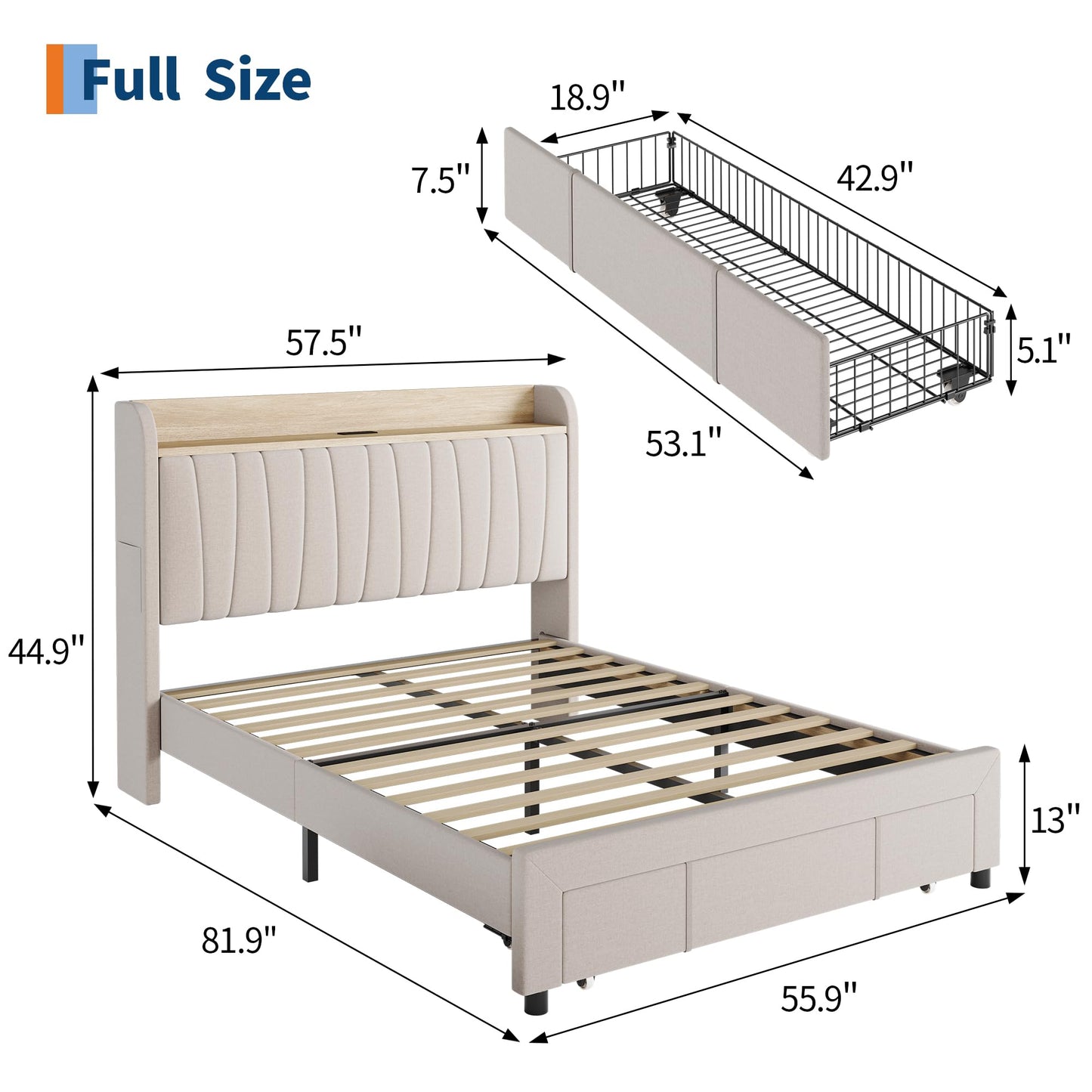 Garvee Upholstered Bed Frame Queen Size with Storage Headboard and Charging Station, Platform Bed Frame with Drawers, Heavy Duty, No Box Spring Needed, Easy Assembly, Beige
