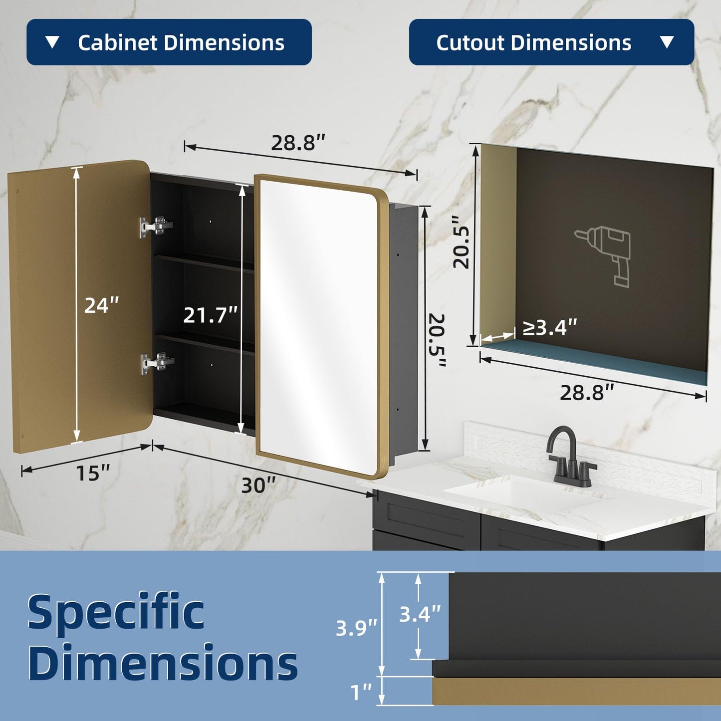 YTSMIR Bathroom Medicine Cabinet with Mirror 24 x 30 Inch, Brush Gold Medicine Cabinet Recessed or Surface Wall-Mounted, Mirrored Cabinets with Sturdy Metal Adjustable Shelves for Bathroom Vanity