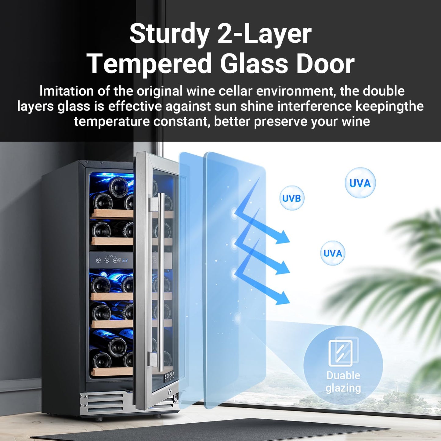 BODEGA 15” Wine Cooler, 30 Bottle Dual Zone Wine Fridge With Double-Layer Glass Door, Freestanding or Built-In Wine Fridge with Blue LED Light & Stainless Steel Handle, for Home, Kitchen,Bar, Black.