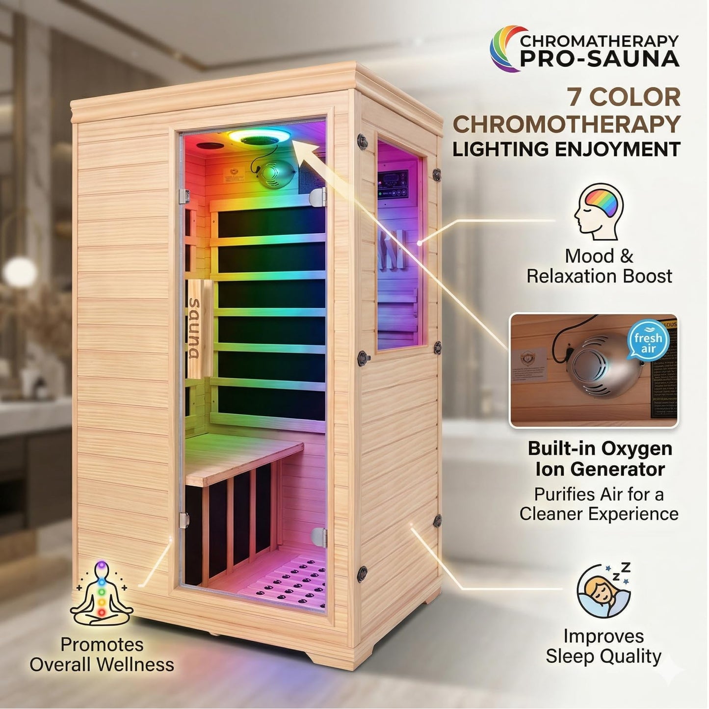 Far Infrared Sauna for 1 Person – 1050W with Bluetooth Speaker, Chromotherapy & Oxygen Ionizer, Indoor Home Sauna with Canadian Hemlock Wood, Relaxation for Home Gym Office – 27”x35”x63”