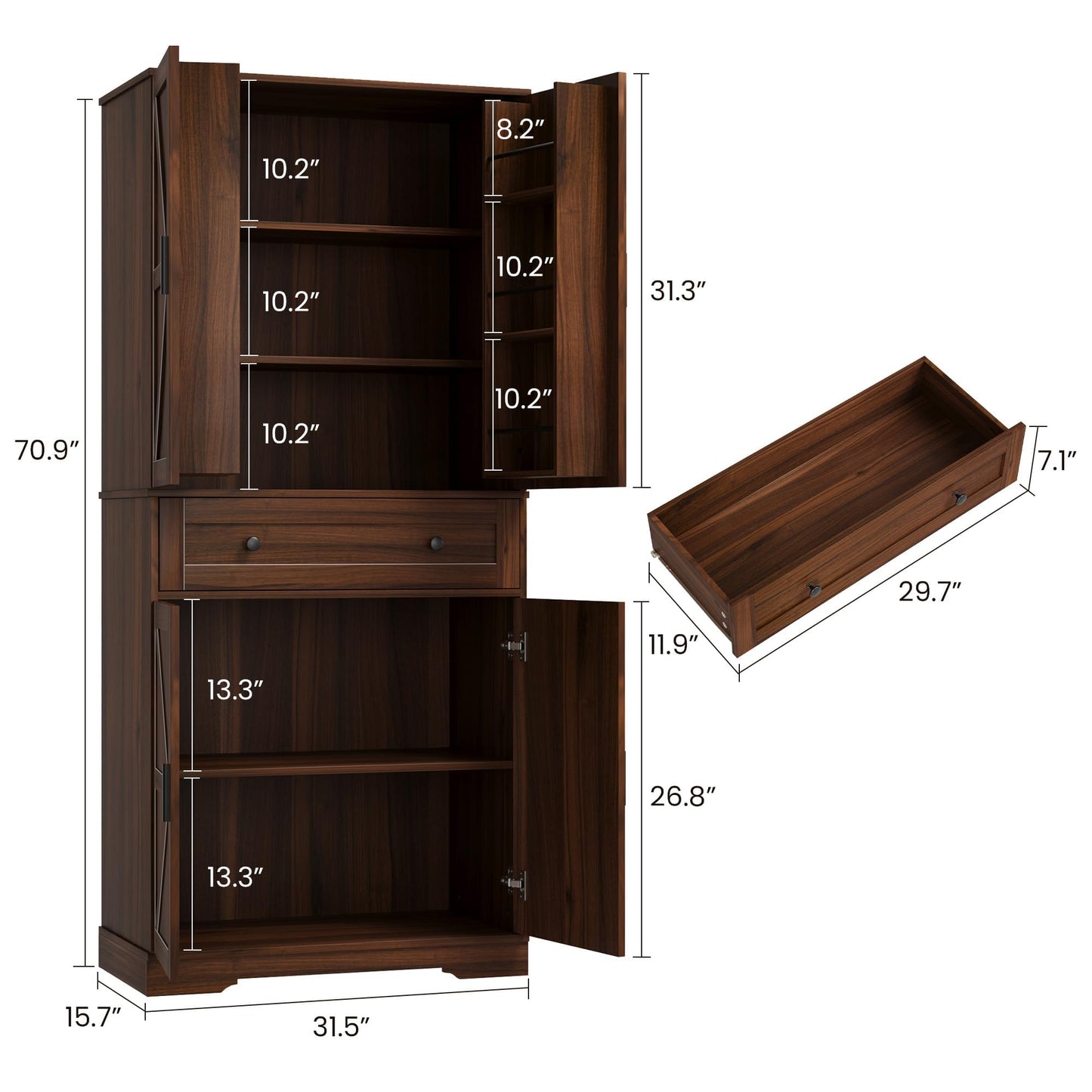 Garvee 71" Kitchen Pantry Cabinet, Barn Door Freestanding Cupboard with Drawer, Sliding Storage Rack, and 6 Hanging Shelves for Kitchen, Dining Room, Living Room Bedroom