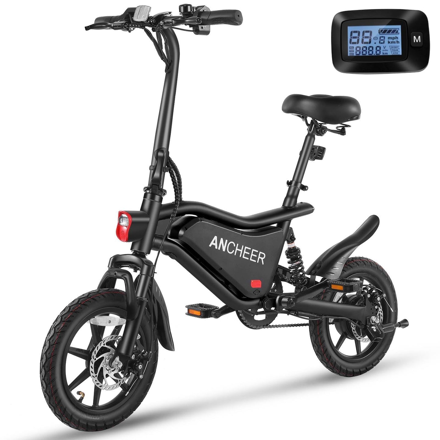 ANCHEER 14" Folding Electric Bike for Teens, 500W Max Motor, 19.8MPH City Ebike, Triple Shock Absorber, 48V 374Wh Battery, Brake Taillight,Cruise Control, Electric Bicycle for Adults, UL2849 Compliant