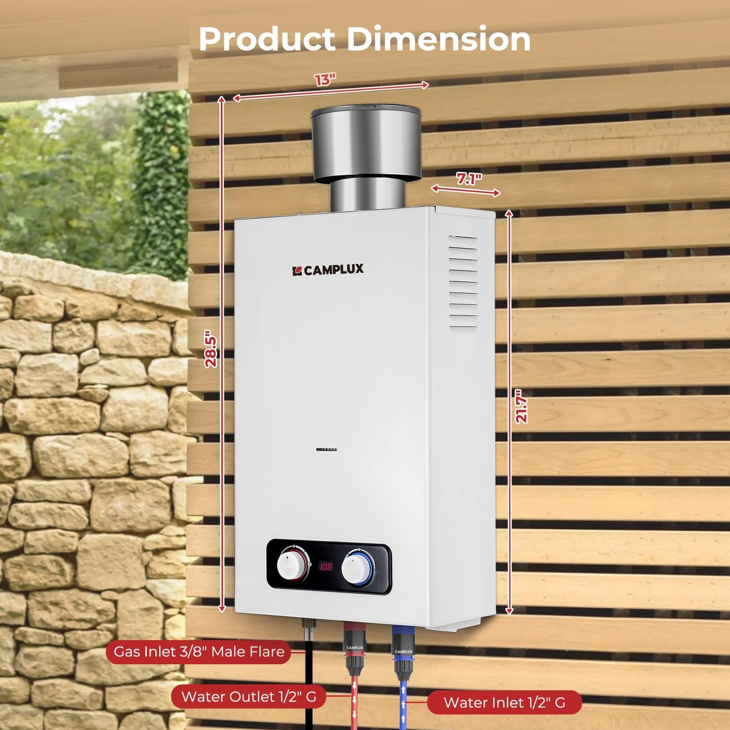 CAMPLUX 2.64 GPM Portable Tankless Water Heater, Outdoor Propane Water Heater with 4.33" S/S Rain Cap, for Camping, Cabin, Windproof Design, 68,000 BTU, BD264C