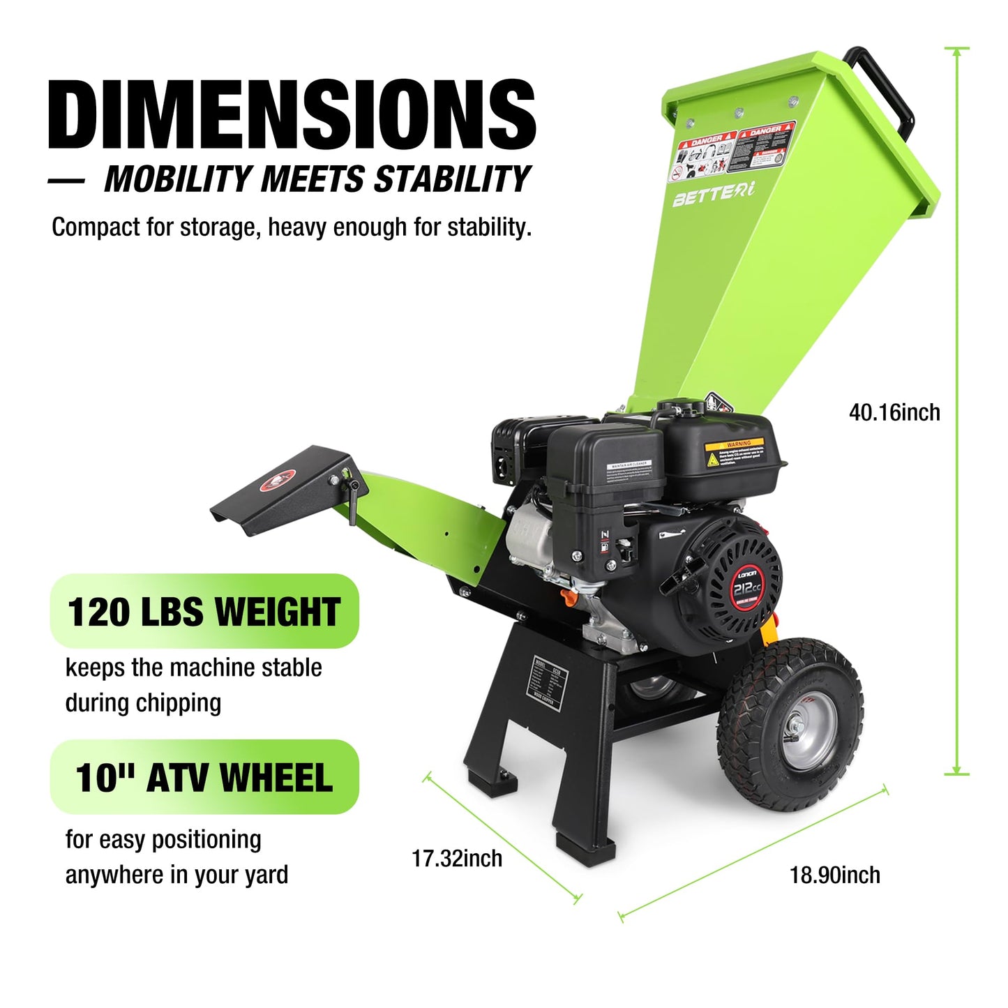 BETTERI Wood Chipper Gas Powered 7HP, 212CC Mulcher Chipper Shredder w/Bag