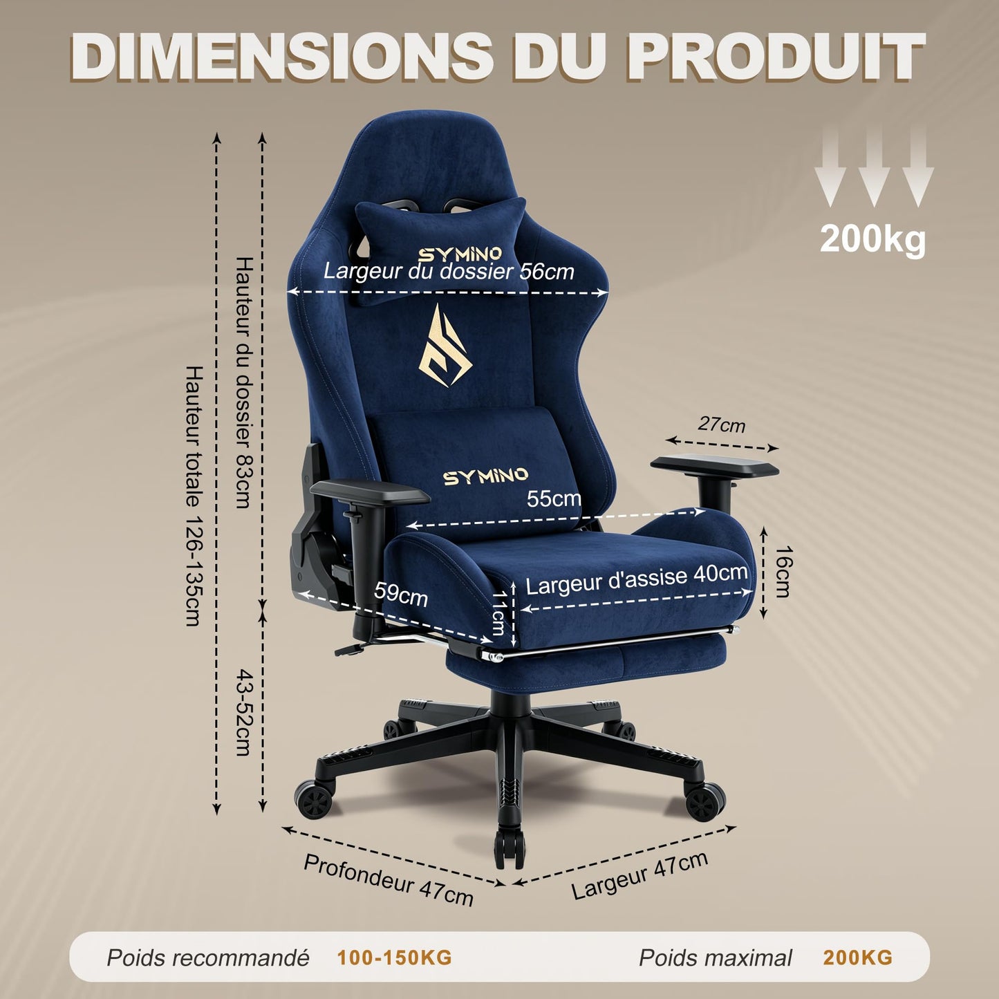 Symino Gaming Chair, Ergonomic Office Chair with 2D Armrests, 150° Recline, Breathable Faux Suede Fabric, Adjustable Headrest, Computer Desk Chair for Home Office, with Footrest, Navy