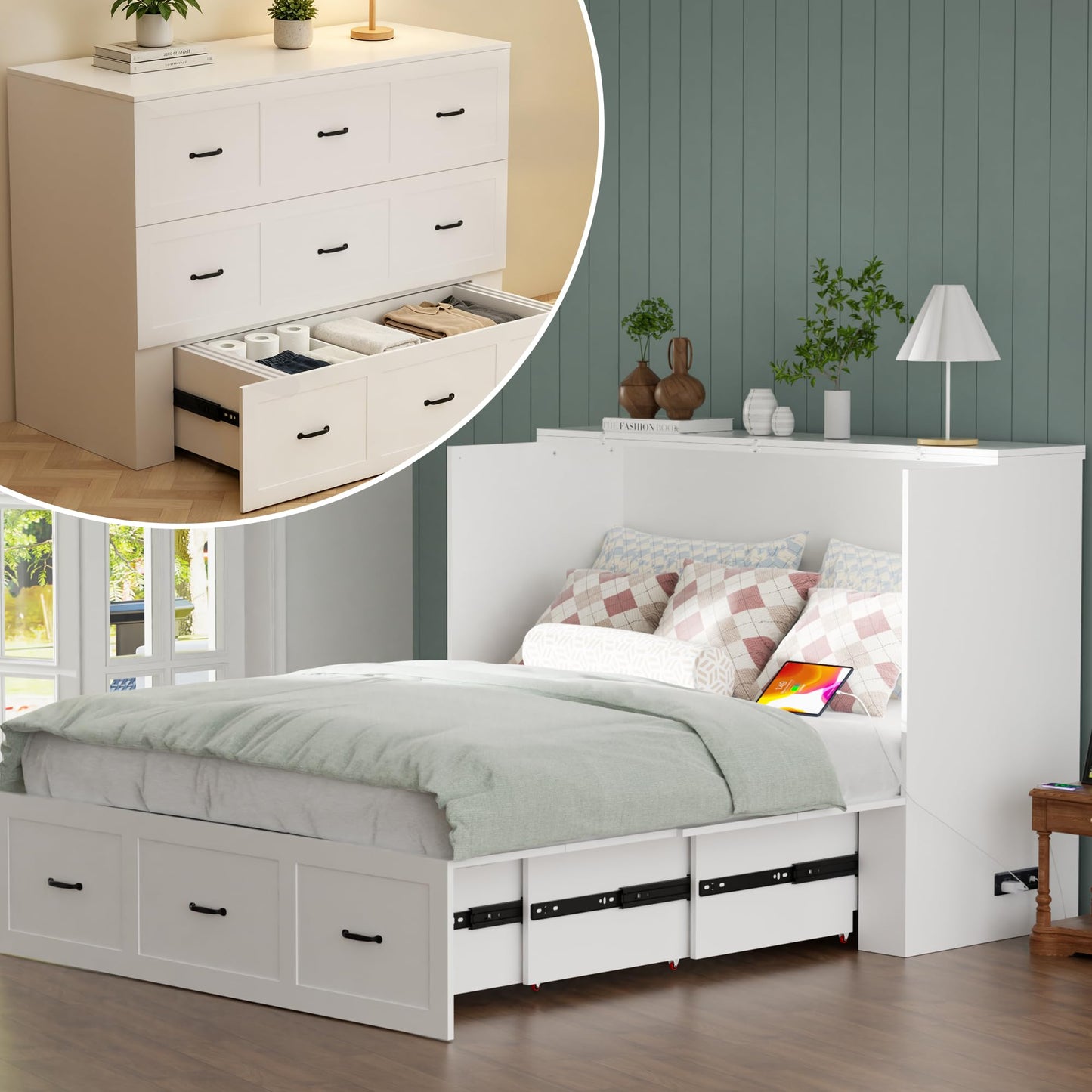 NBEETISM Full Size Murphy Bed with Storage & Charging Station – Farmhouse Cabinet Bed, Space Saving & Noise-Free Wall Bed for Guest Bedroom, Living Room, Office, White
