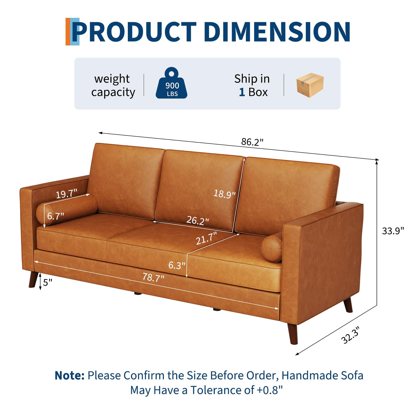 GAOMON 86" Leather Sofa, Mid-Century Modern Couch, Faux Leather Couch with Deep Seats, 3-Seat Sofa for Living Room, Office, Cognac Tan