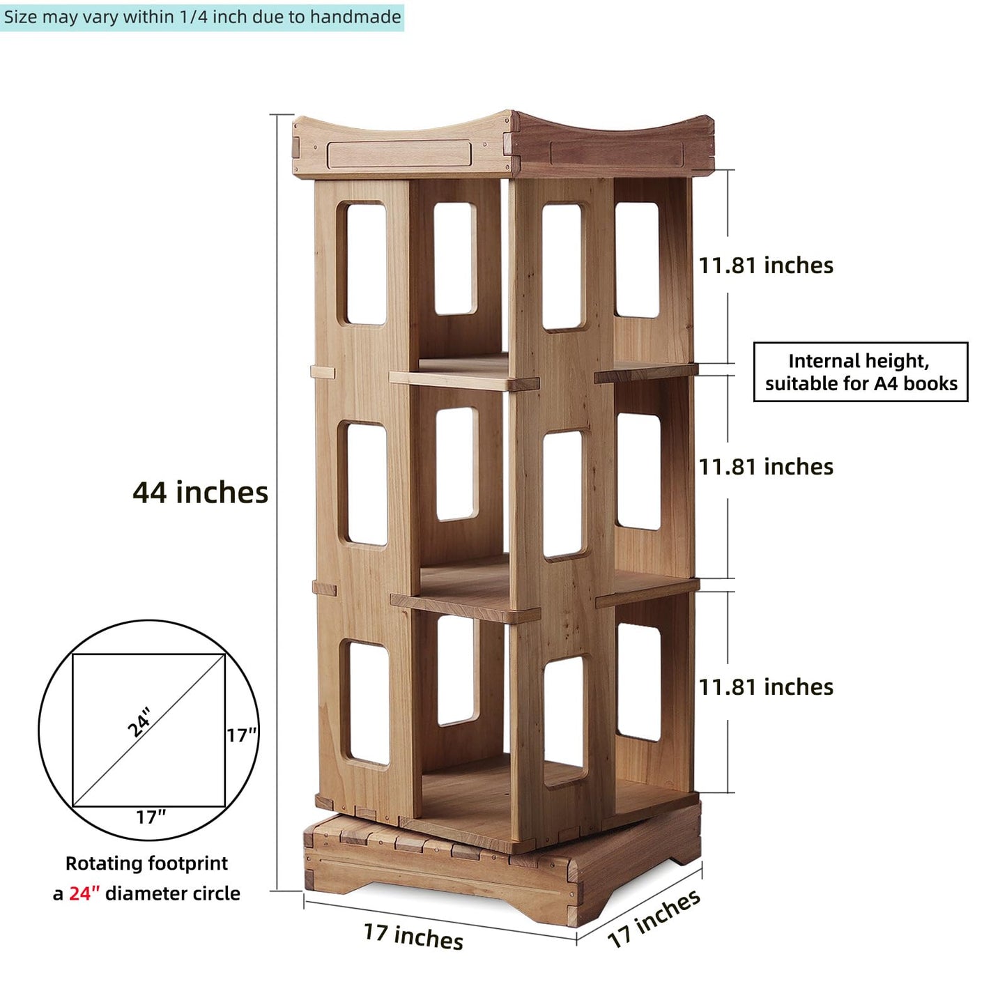 unununu Wooden Rotating Bookshelf, Larger Solid Wood Revolving Bookcase,360°Spinning Book Shelf Tower,Floor Standing Storage Rack,Corner Organizer for Small Space,Study,Office,17"x17"x44"(3-Tier)