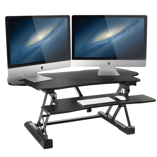 Mount-It! 48.5" Electric Standing Desk Converter for Dual Monitors, Motorized Sit Stand Electric Desk Riser with USB Port & Device Slot, Keyboard Tray, Adjustable Height Ergonomic Workstation, Black
