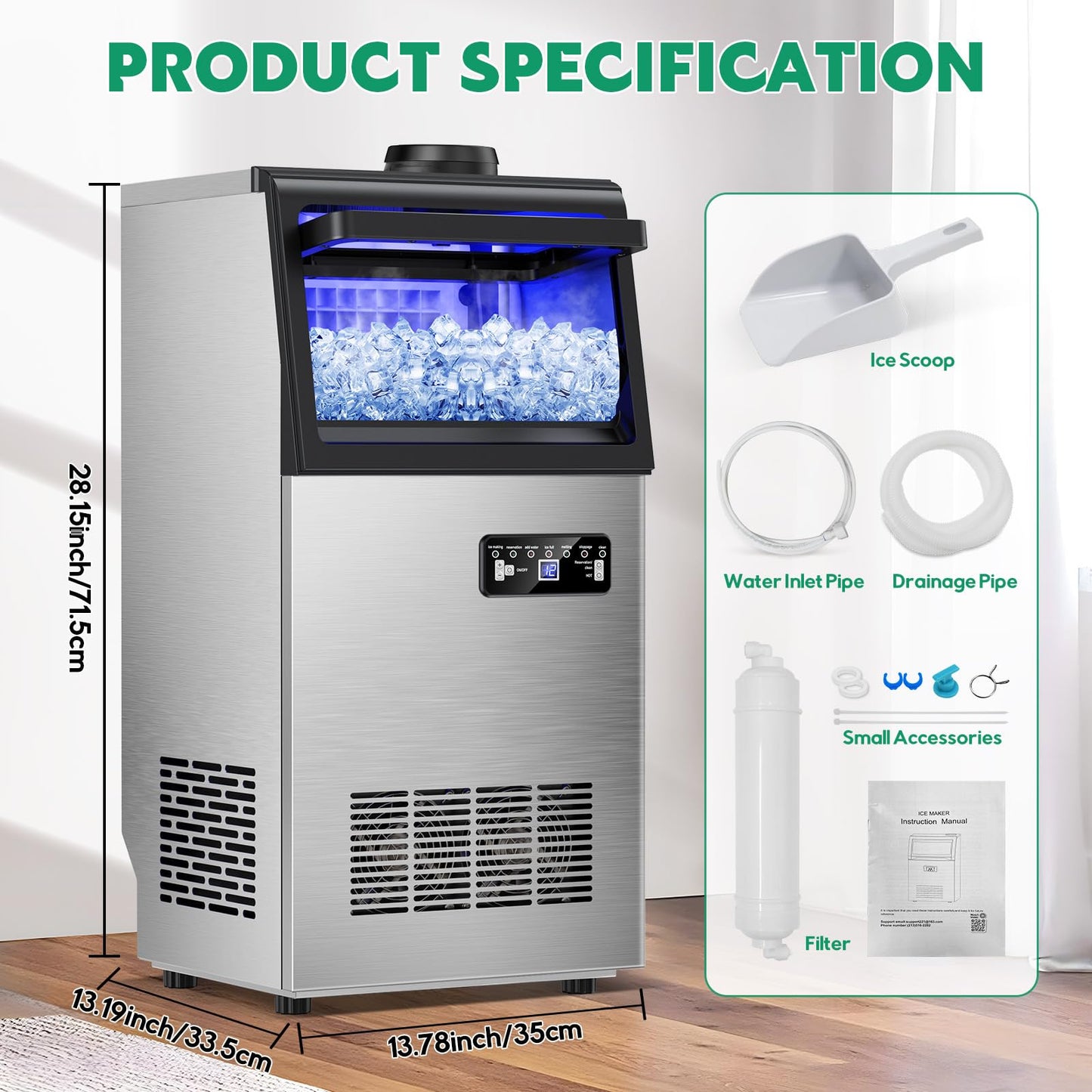 Commercial Ice Maker Machine 130Lbs/24H with 30Lbs Ice Capacity, 45Pcs Clear Ice Cubes Ready in 8-15Mins, Stainless Steel Under Counter Freestanding Large Ice Machine, 2 Water Inlet Modes