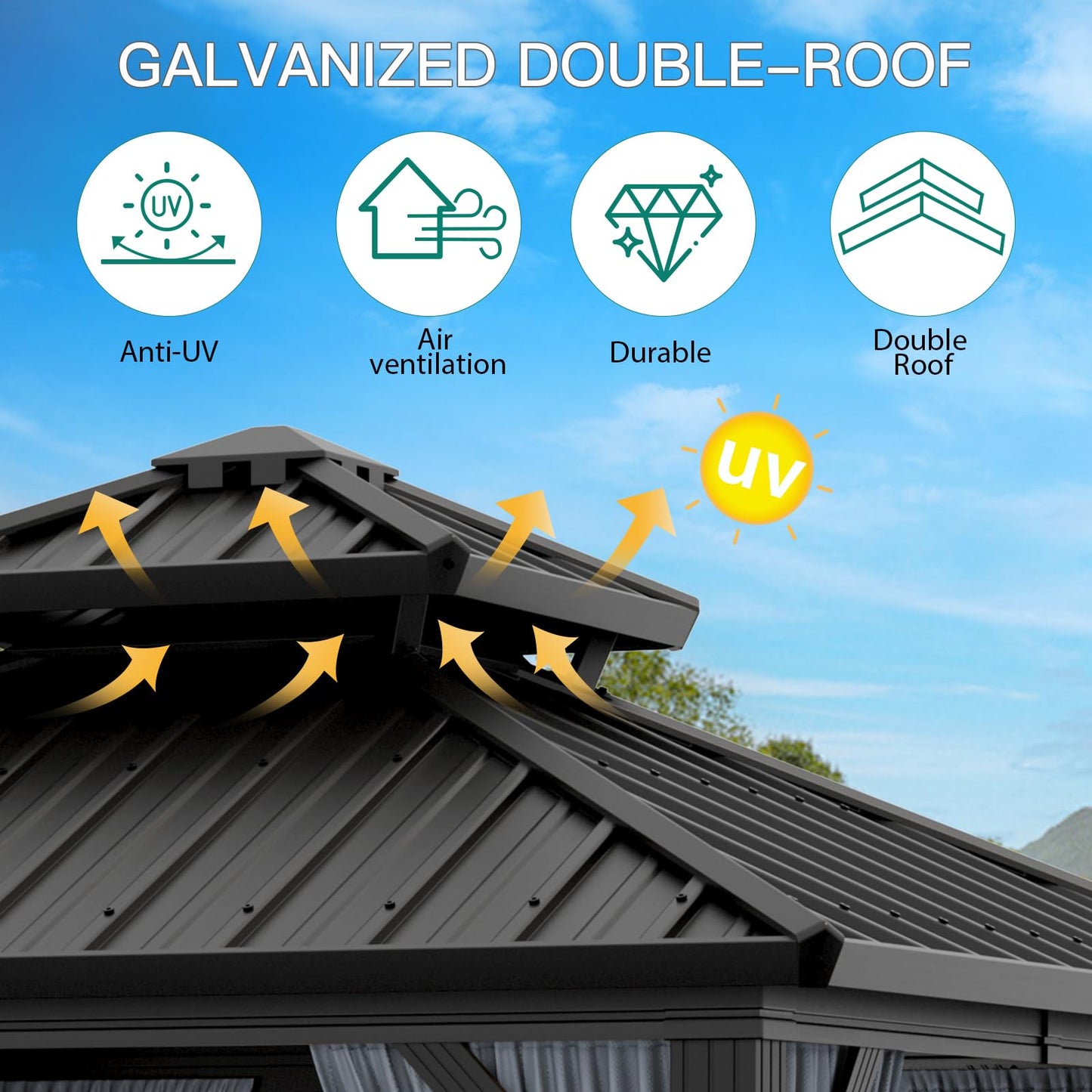GarveeHome Outdoor Gazebos Canopy 10 x 10 ft Permanent with High Strength Aluminum Frame, Iron Double-Roof, Pavilion with Curtain and Netting for Patio, Lawn, Deck, Garden