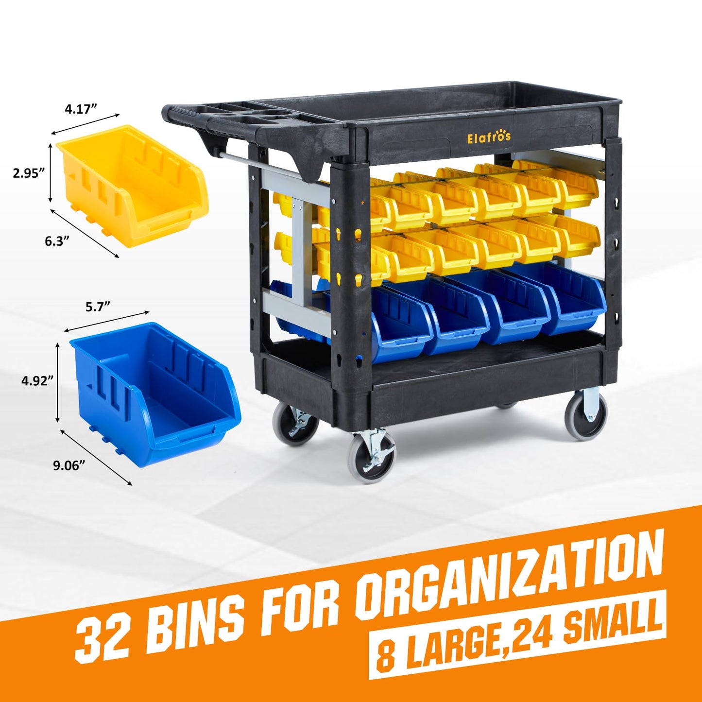 ELAFROS 2-Tier Heavy Duty Utility Cart with 32 Storage Bins, 40.7 x 17 in