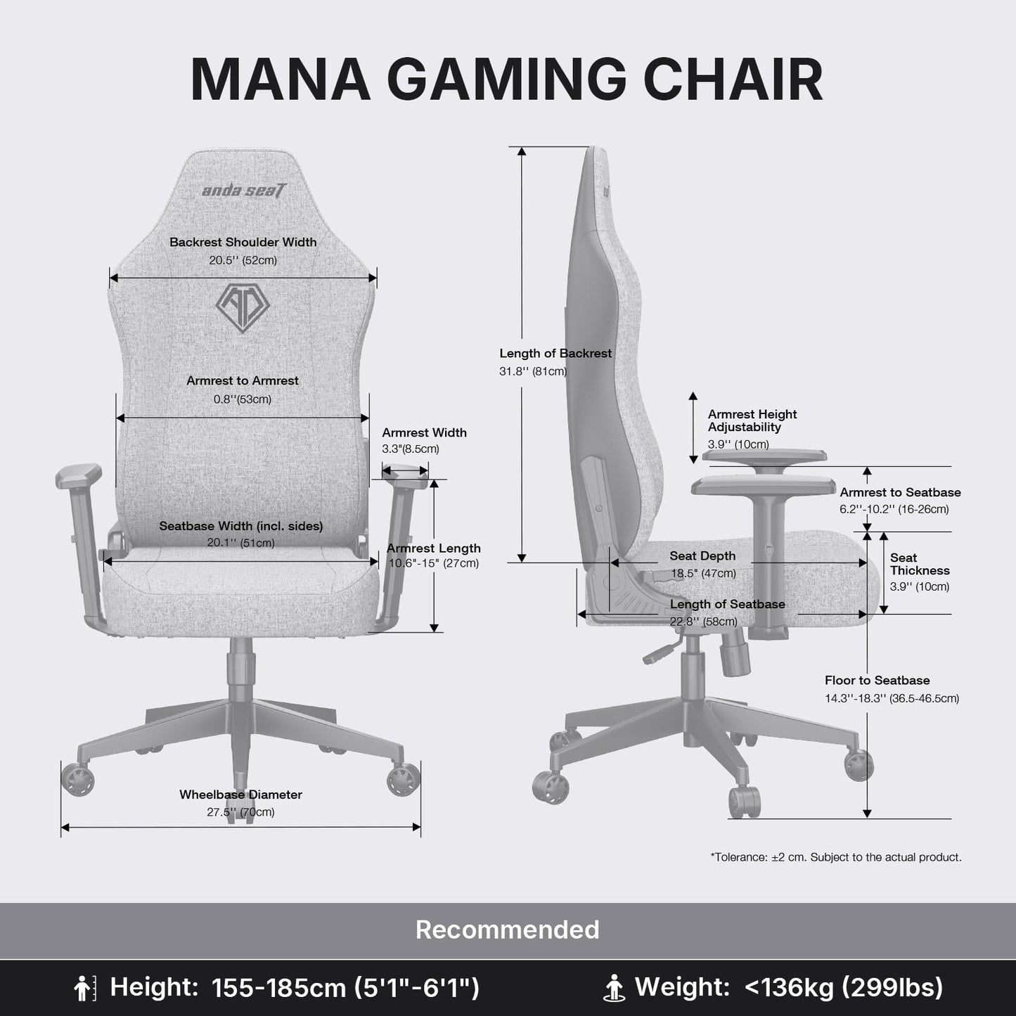 Anda Seat MANA Gaming Chair for Adults - Ergonomic Gray Fabric Game Chairs with Adjustable Armrest, Comfortable Office Chair with Lumbar Support, Heavy Duty Wide Computer Seat for Home & Work