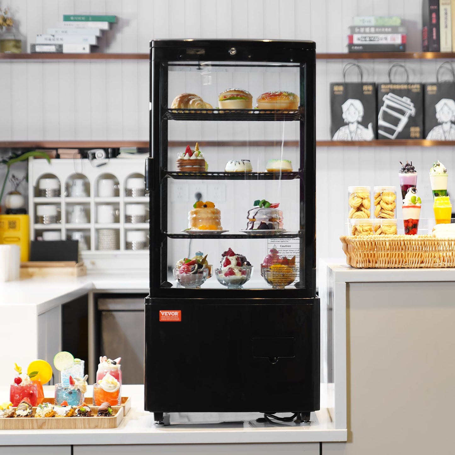 VEVOR XC-78L(1R) Cake Refrigerated 3 Cu.Ft./85L Countertop Pastry, Commercial Display Case with LED Lighting, TURBO, Frost-Free Air-Cooling, Locked Door for Bakery, 18.8 x 16.9 x 38 in, Black